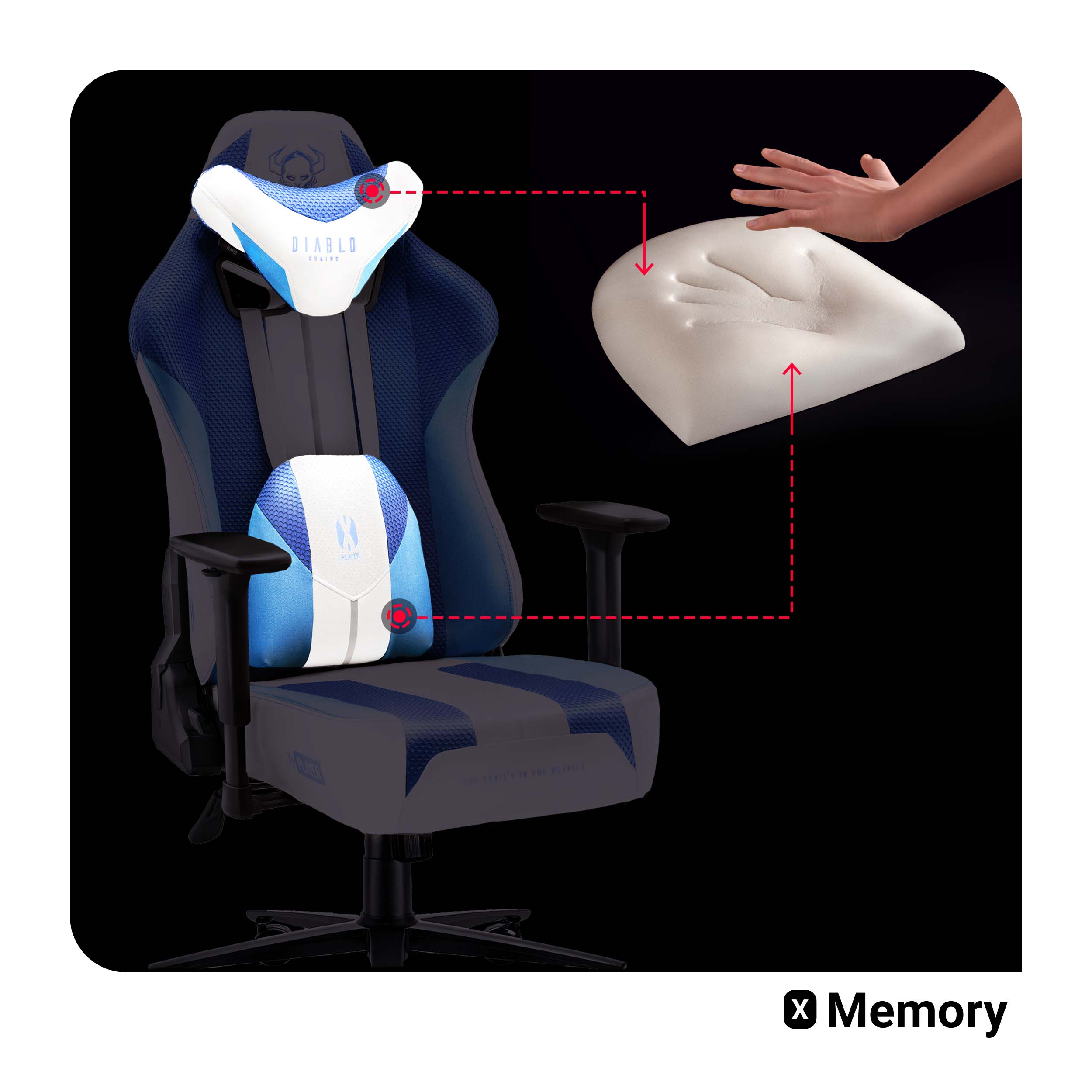 Krzesło gamingowe z zagłówkiem i podparciem lędźwiowym. Krzesło jest czarne i niebieskie, z czarnym tłem.