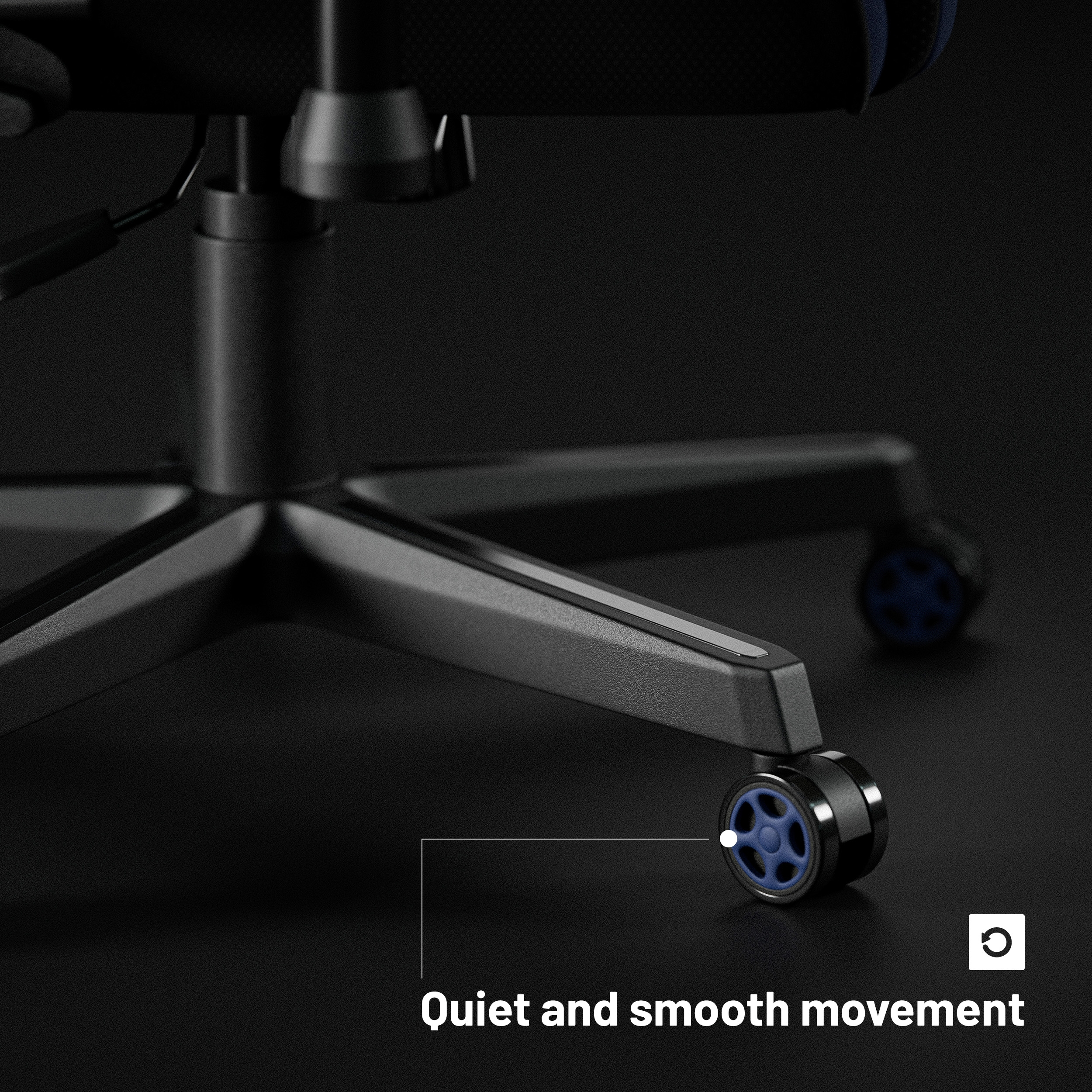 Podstawa krzesła gamingowego z kółkami, pokazująca płynny i cichy ruch.
