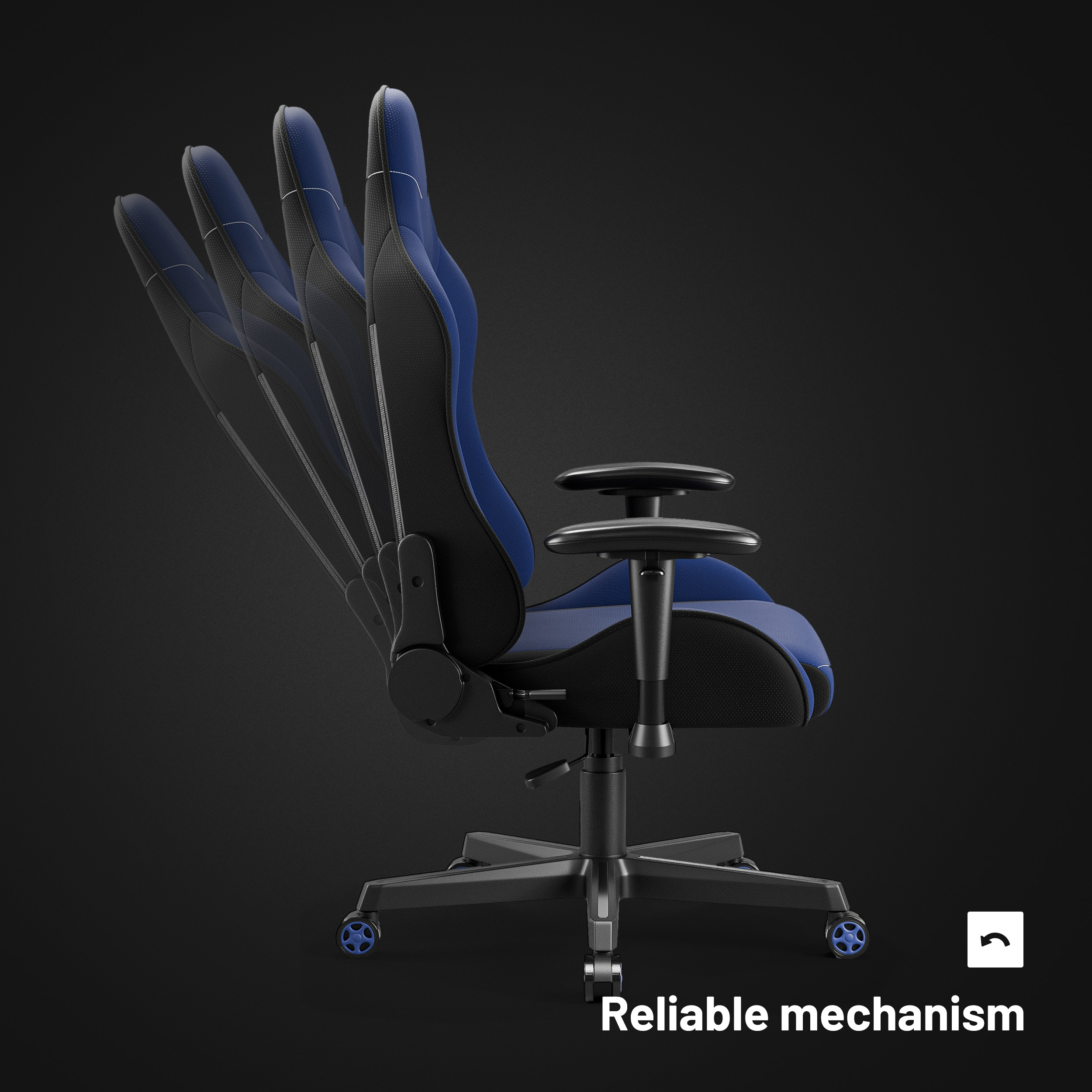 Krzesło do gier w kolorze niebiesko-czarnym, pokazujące jego regulowane funkcje.