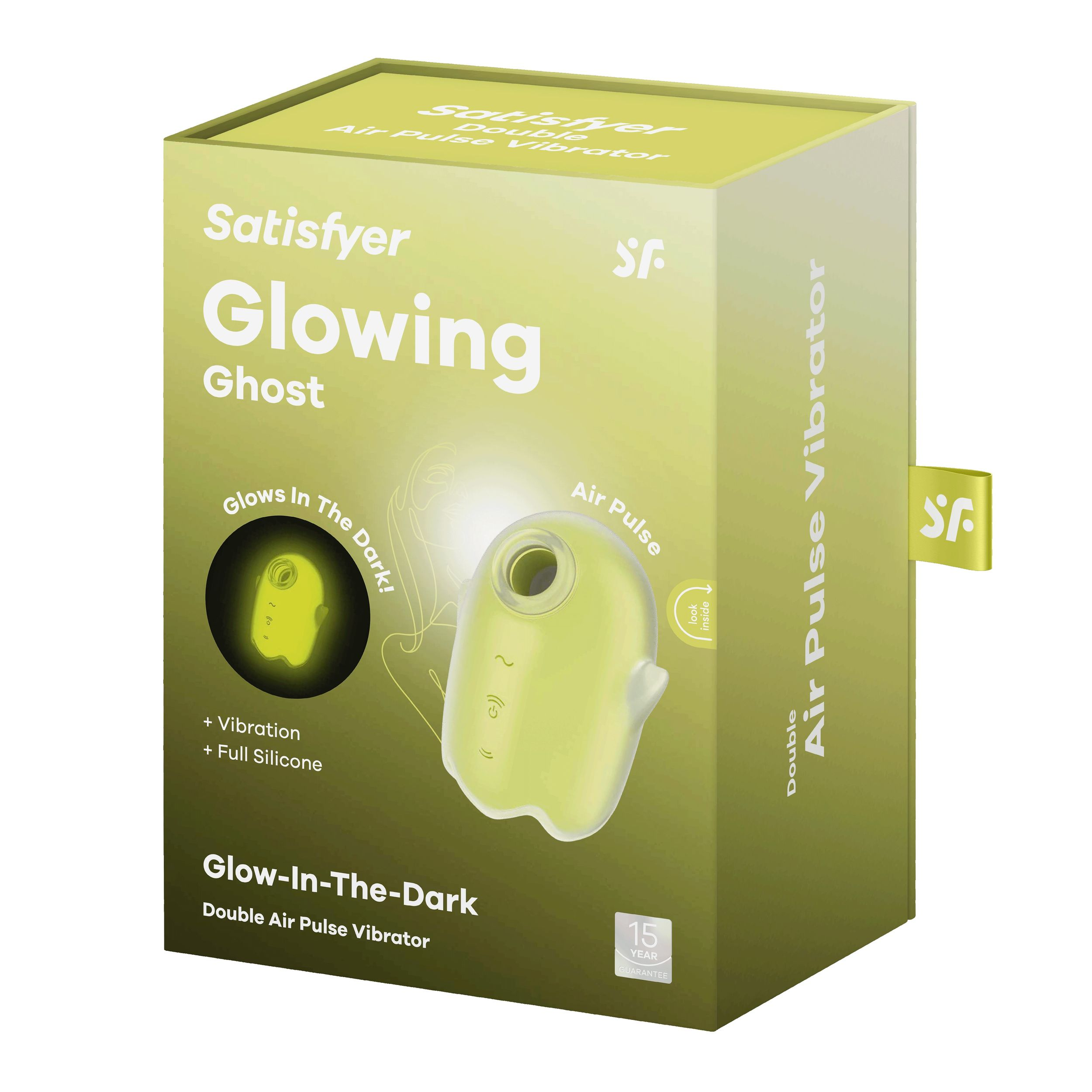 Schachtel eines Sexspielzeugs mit grünem Geisterdesign. Text: Glowing Ghost, Double Air Pulse Vibrator.