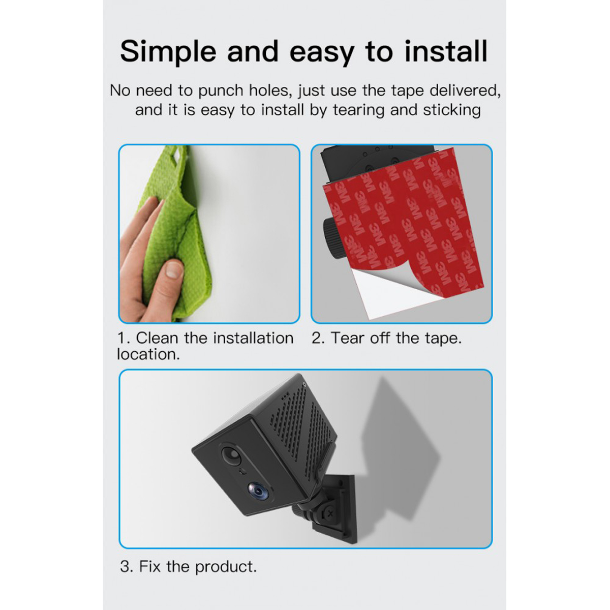 Instrucciones para instalar una pequeña cámara negra en una pared con cinta adhesiva.