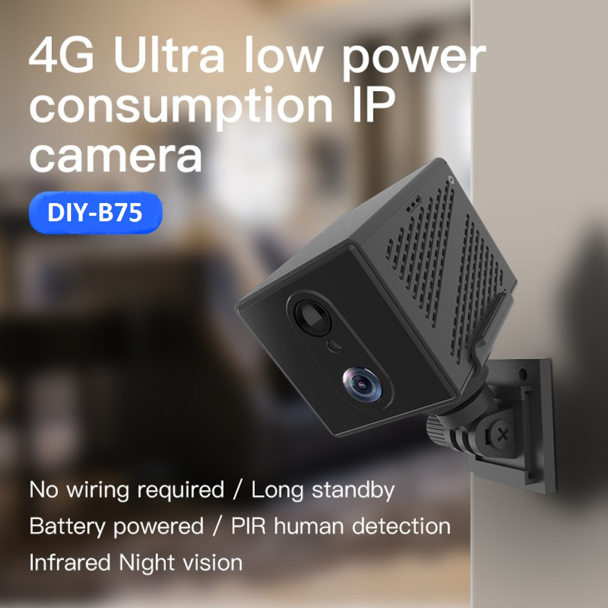 Cámara IP negra con texto: 4G Ultra bajo consumo de energía. La cámara está montada en una pared. Fondo borroso.