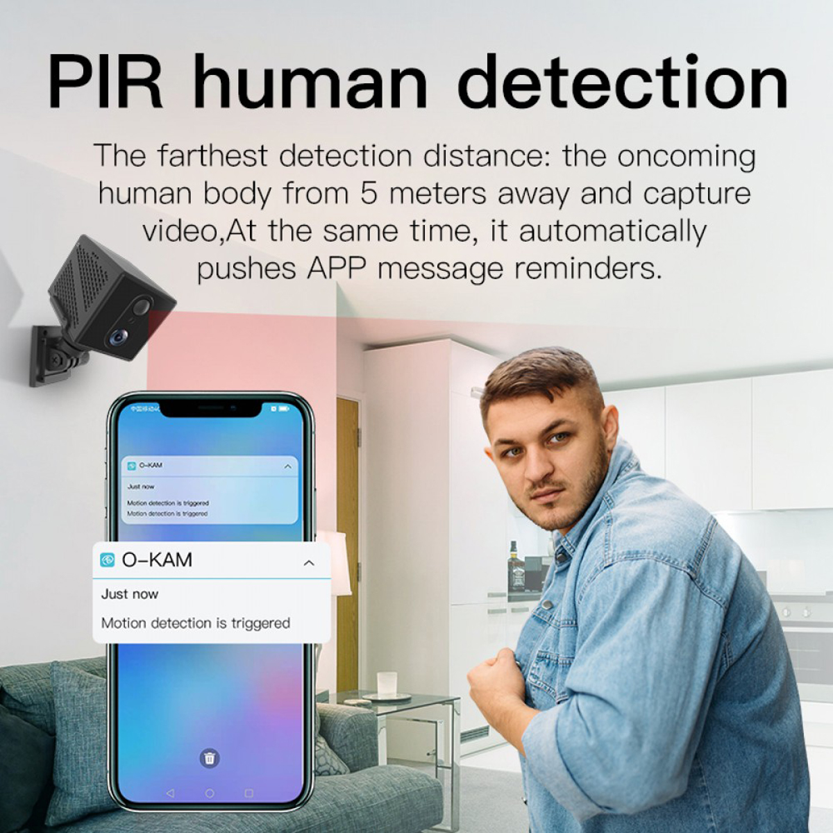 Hombre mirando teléfono con notificación. Cámara en pared. Texto: Detección humana PIR.