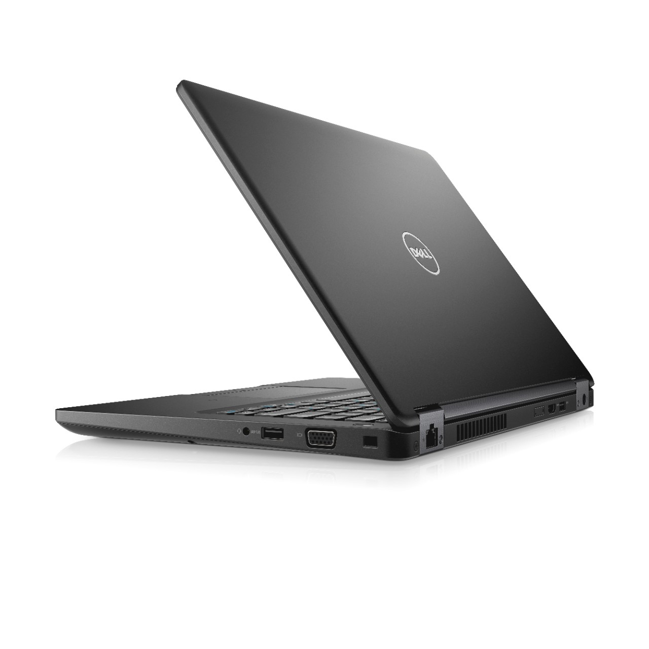 Un computer portatile nero con il coperchio parzialmente aperto, angolato leggermente lontano dall'osservatore su una superficie bianca.