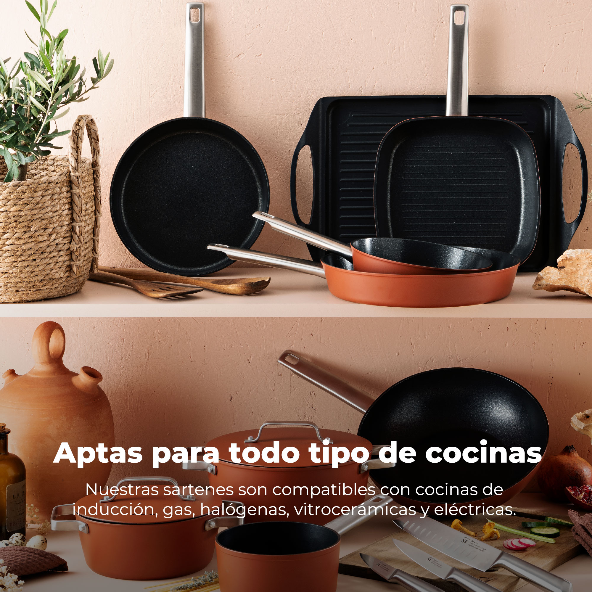 Escena de cocina con varias sartenes y ollas. Incluye utensilios de madera, una planta en una cesta y texto en español.