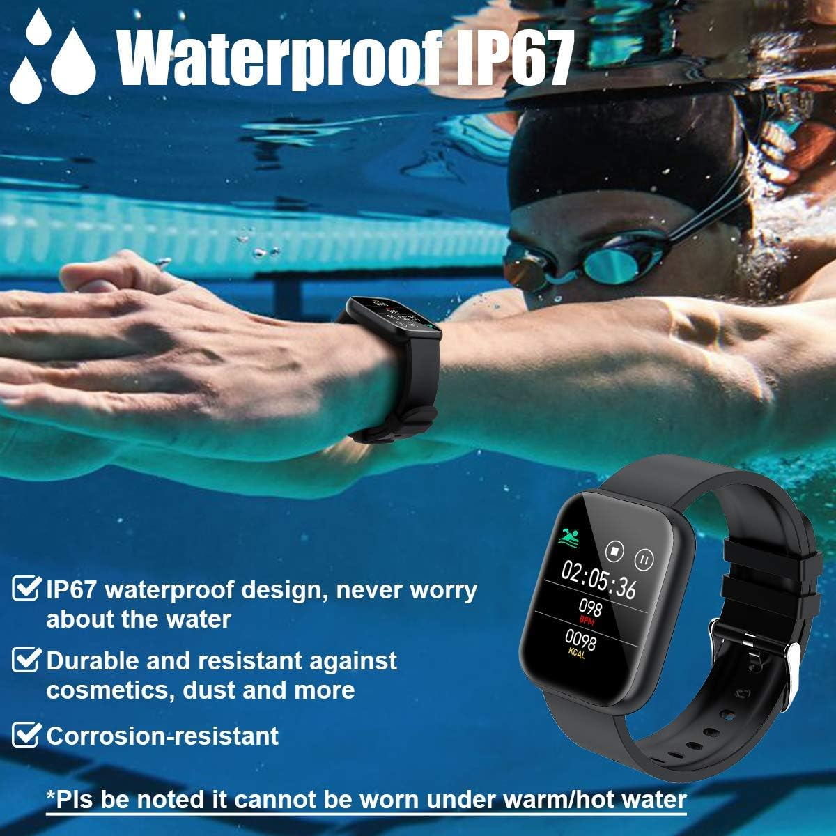 Smartwatch am Handgelenk im Wasser, zeigt Zeit und Statistiken. Wasserdichtes IP67 Design.