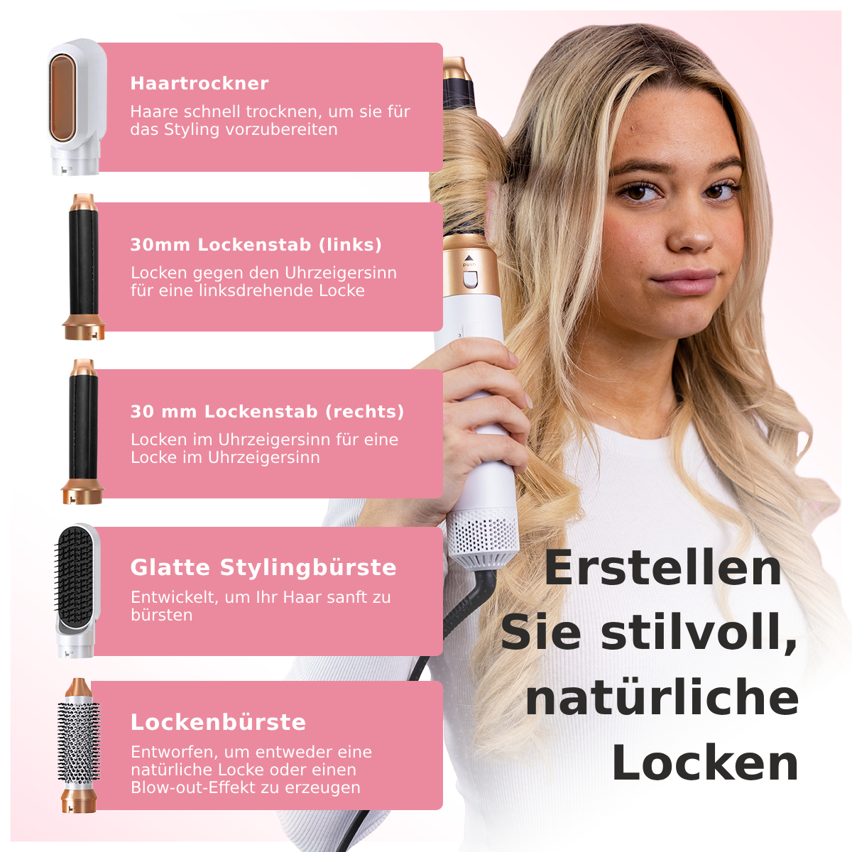 Frau, die ihr Haar mit verschiedenen Werkzeugen stylt. Text beschreibt Föhn, Lockenstäbe und Stylingbürste.