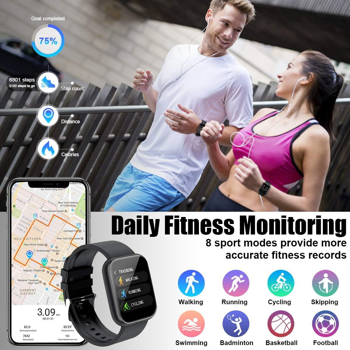 Ein Fitnesstracker mit einer laufenden Person und Datenüberwachung.