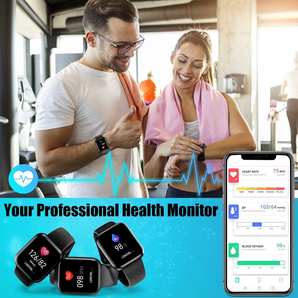 Zwei Personen tragen Smartwatches. Ein Smartphone zeigt Gesundheitsdaten, einschließlich Herzfrequenz und Blutsauerstoff.