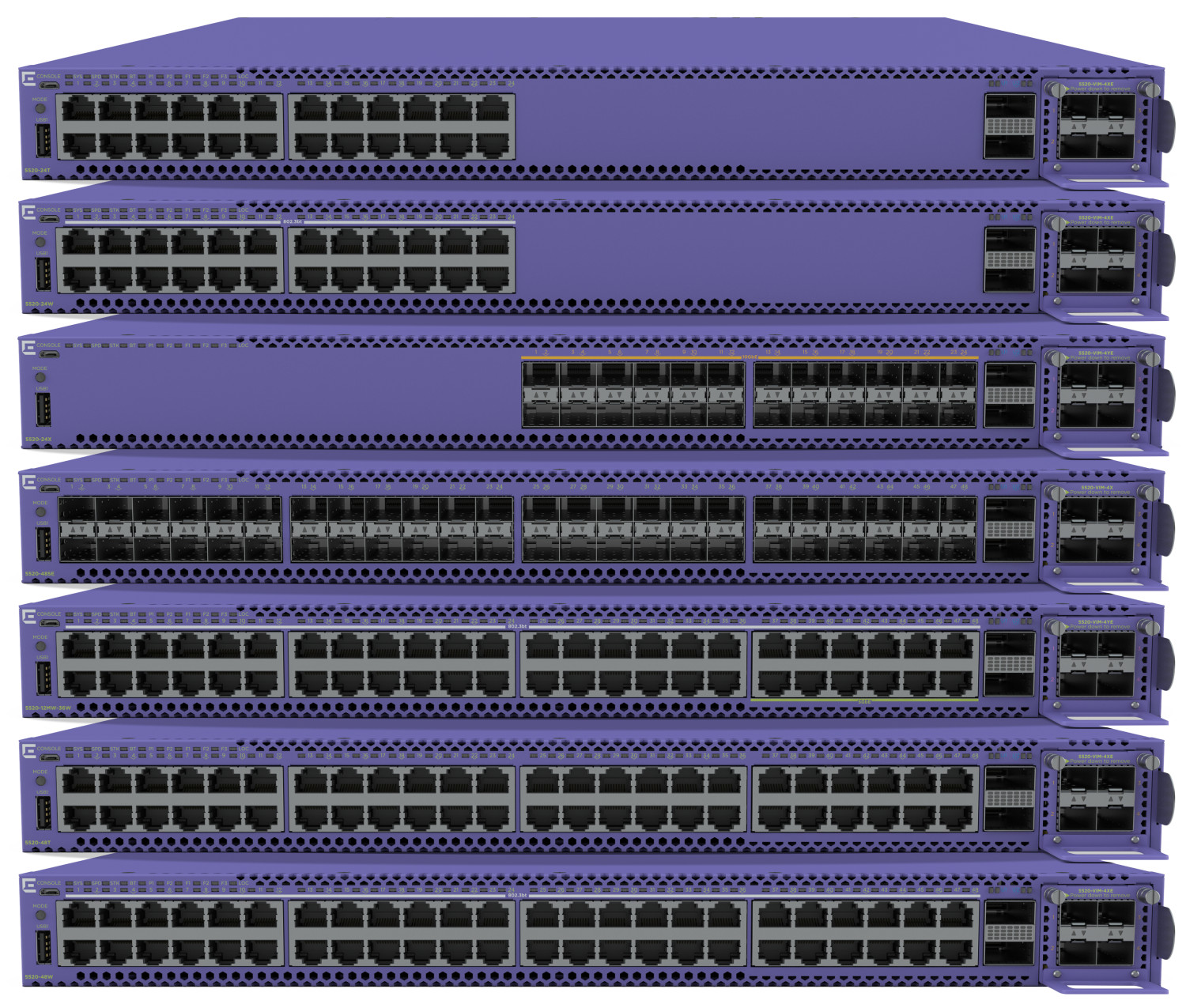 Una pila di switch di rete viola, che mostra varie porte e connessioni.