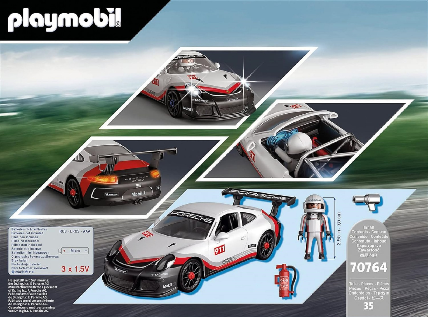 Ein Playmobil Porsche 911 Spielzeugauto-Set mit Figuren und Zubehör. Die Box zeigt Autobilder.
