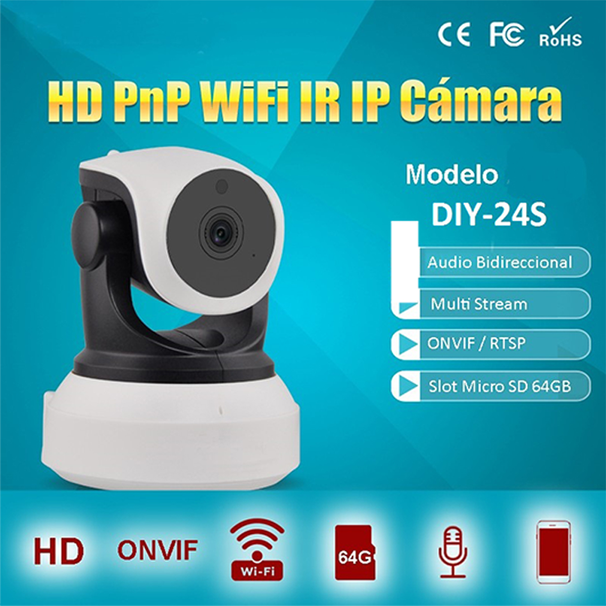 Cámara de seguridad blanca y negra con WiFi, HD y otras características, con texto sobre fondo azul.