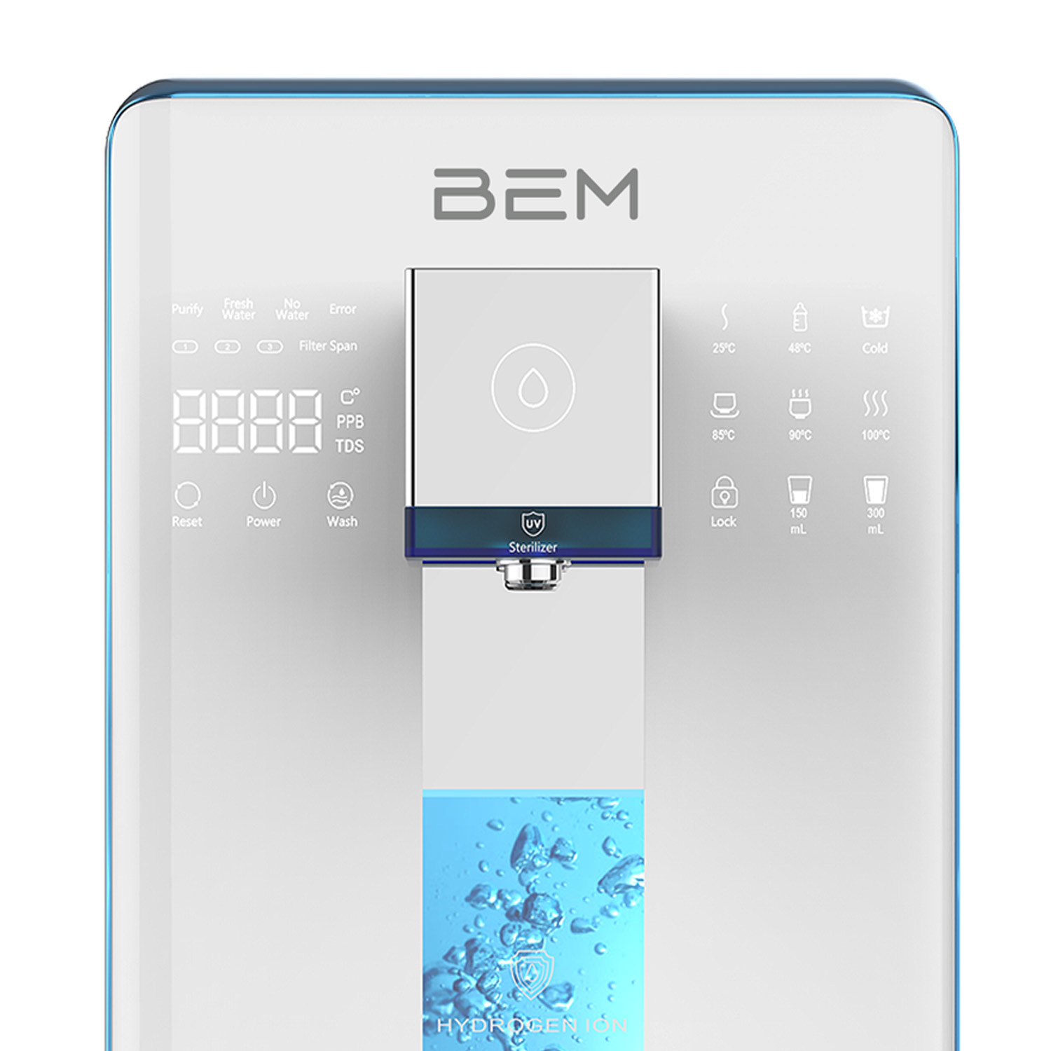 Weißer Wasserspender mit blauem Rand. Mit Display, Touch-Tasten und Wasserauslass.