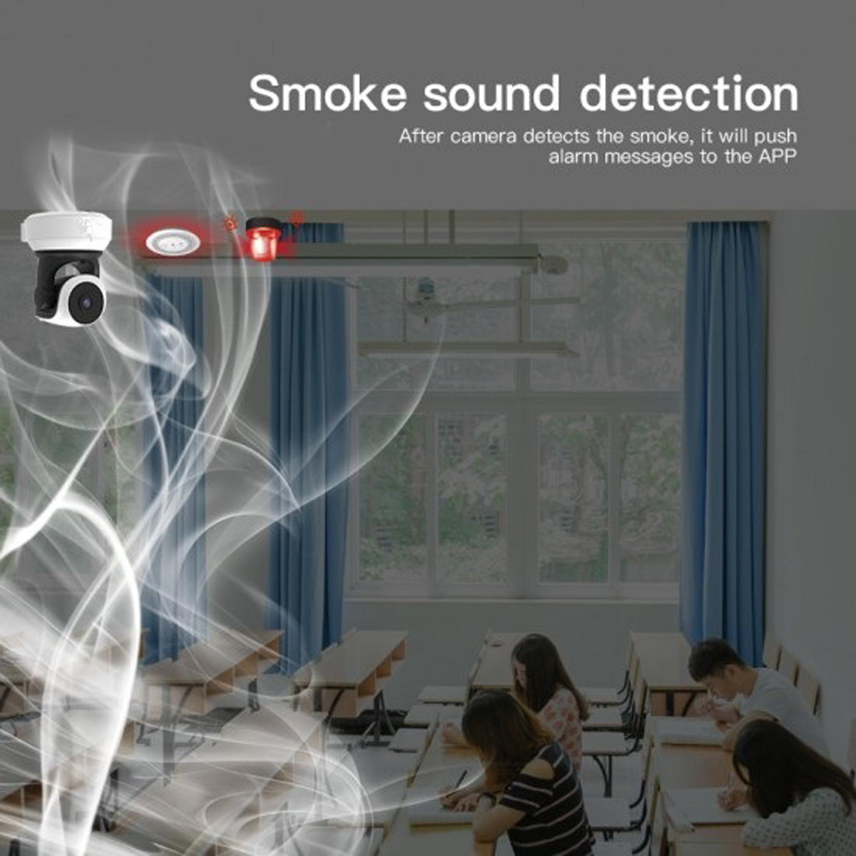 Un aula con estudiantes y una cámara de seguridad que detecta humo.