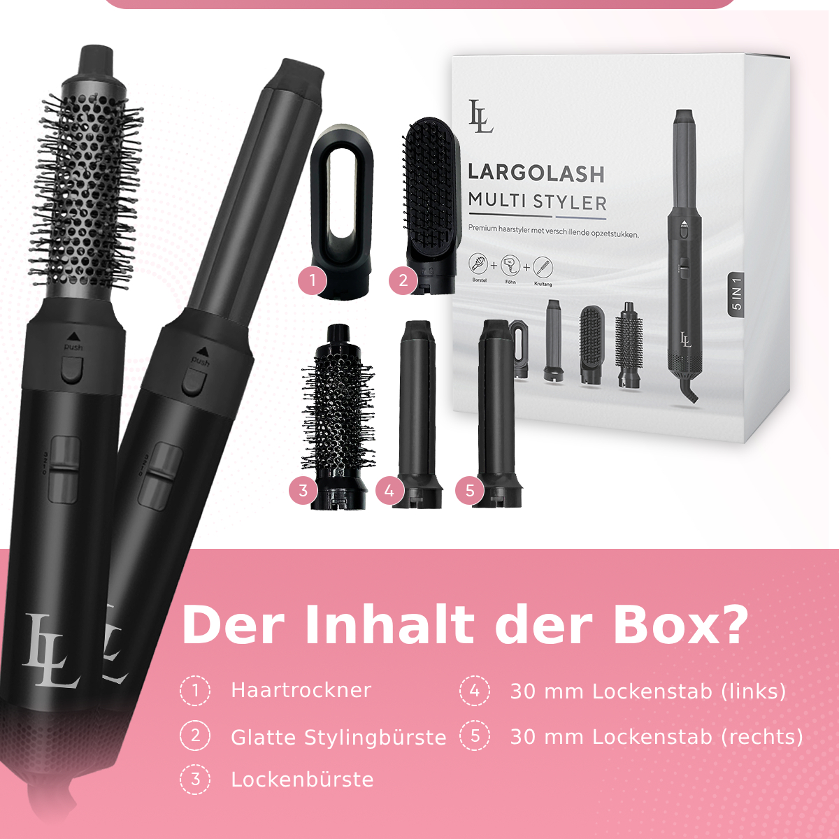 Schwarze Haarstyling-Werkzeuge. Enthält einen Haartrockner, Lockenwickler und Lockenstab.