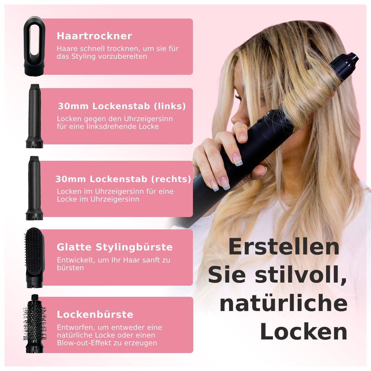 Eine Frau stylt ihr Haar mit einem Lockenstab und verschiedenen Styling-Aufsätzen.