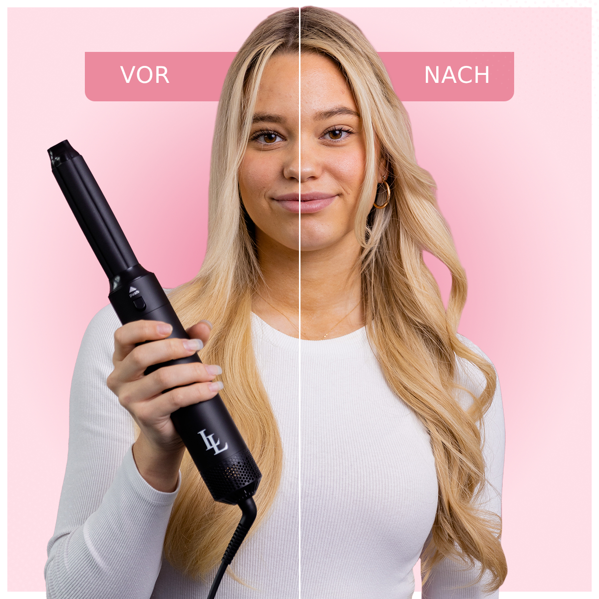 Frau mit blondem Haar, vor und nach dem Locken mit einem schwarzen Lockenstab.