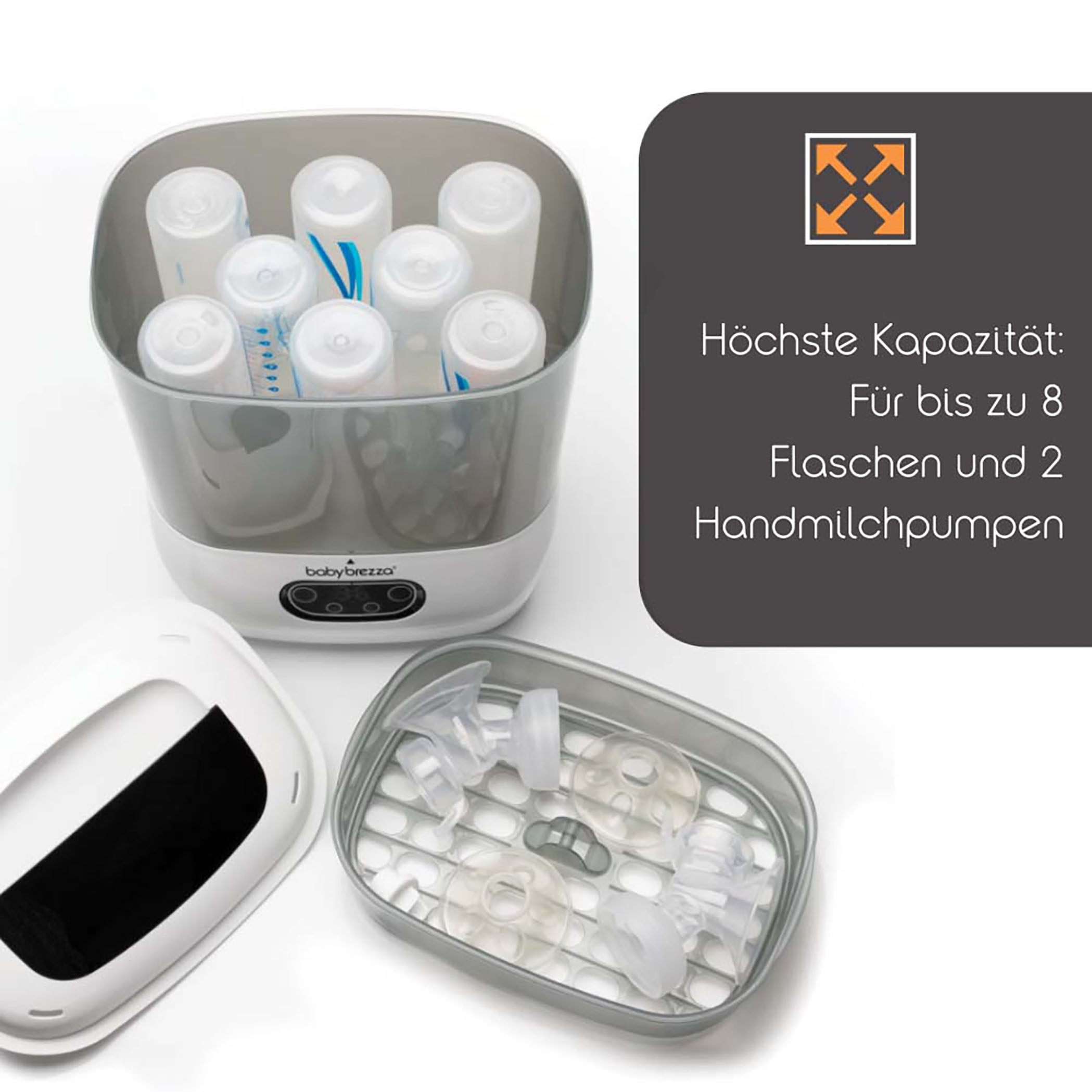 Babyflaschensterilisator mit Flaschen und Zubehör, weißem Deckel und Text auf Deutsch.