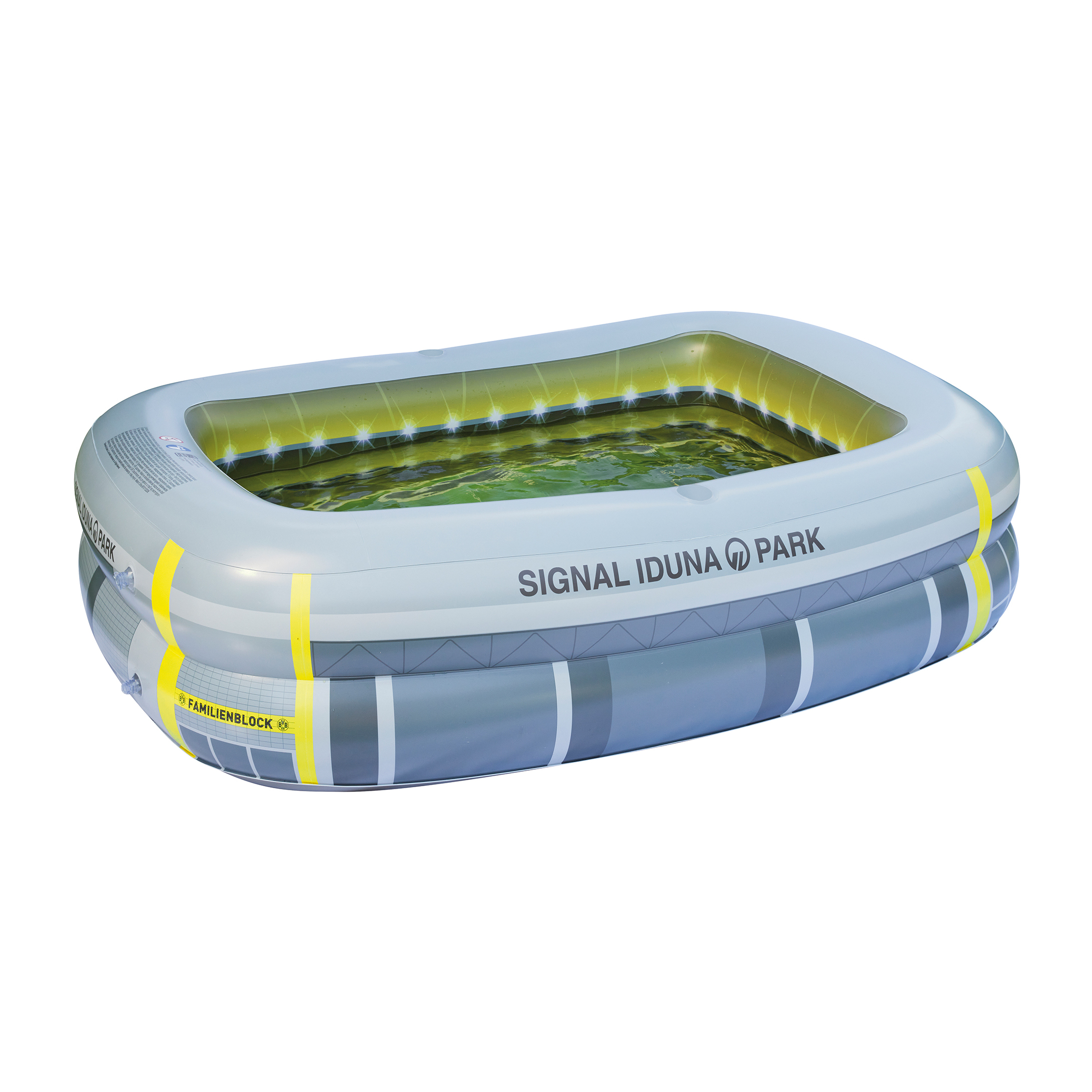 Aufblasbarer Pool mit "SIGNAL IDUNA PARK"-Branding. Graue Seiten, gelbe Streifen, Wasser drin.