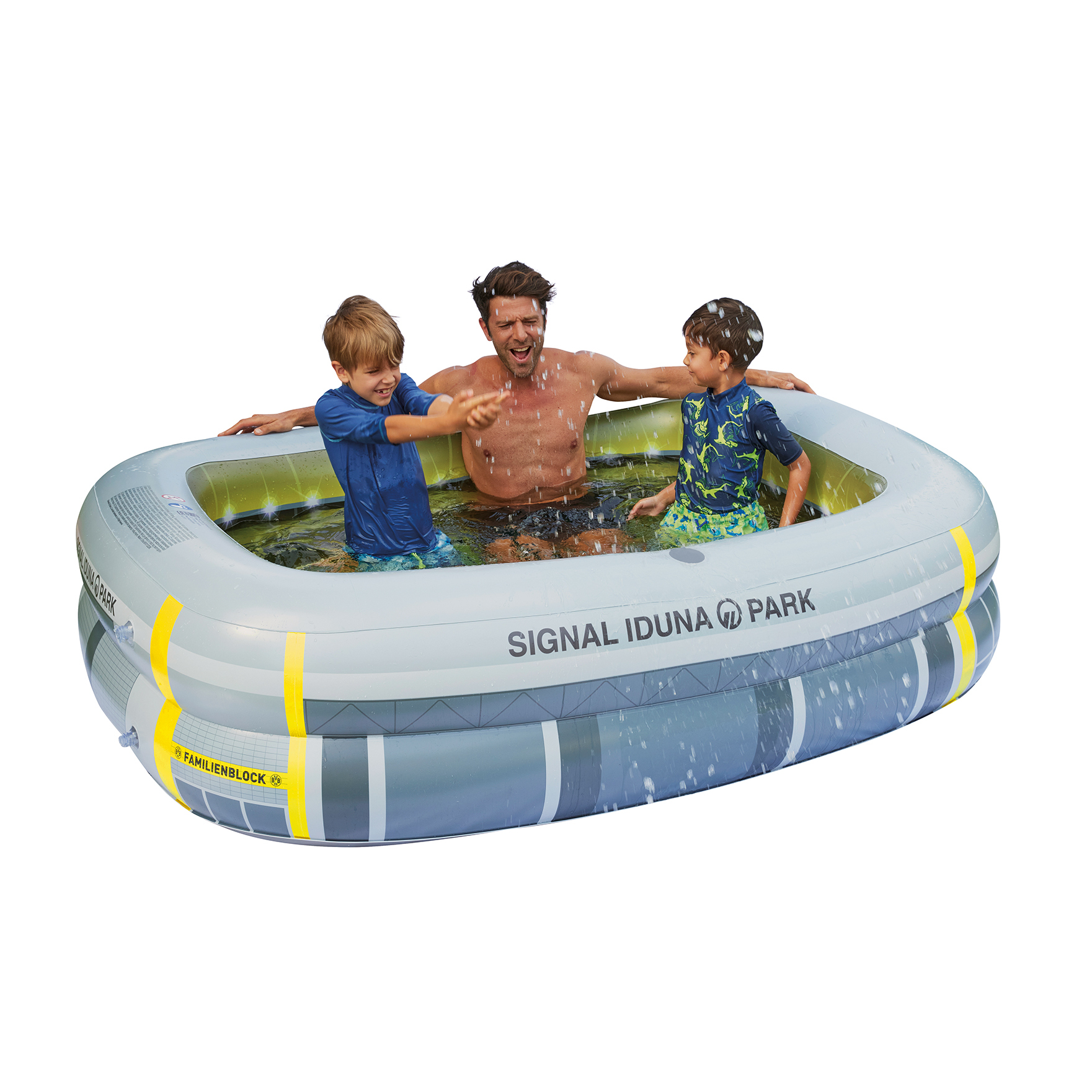 Eine Familie in einem grau-gelben aufblasbaren Pool. Ein Mann und zwei Kinder sind im Wasser.
