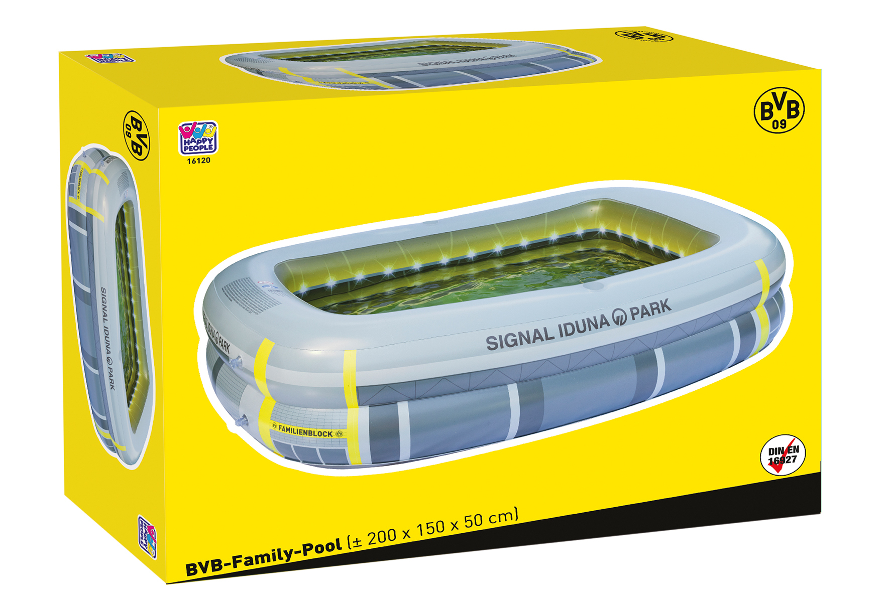 Eine gelbe Box mit einem Pool darin, mit den Worten SIGNAL IDUNA PARK und BVB-Family-Pool auf der Box.