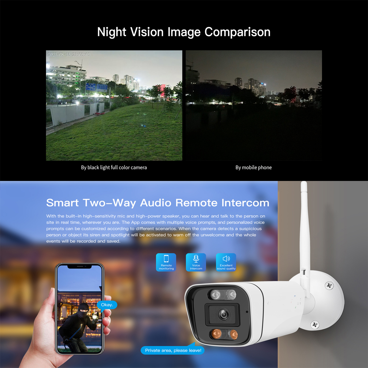 Comparación de cámara de seguridad y teléfono móvil, imagen de visión nocturna y audio bidireccional inteligente.