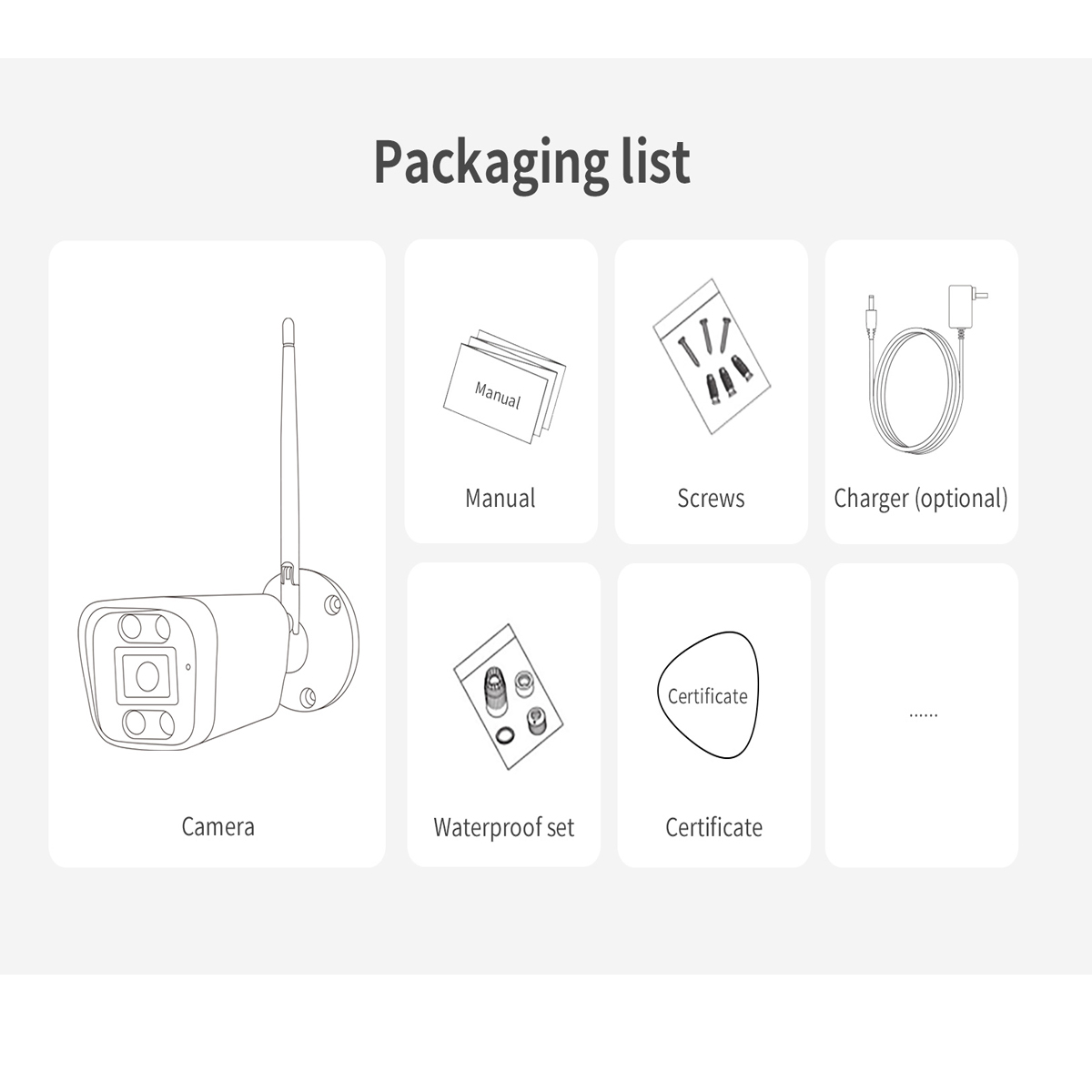 Dibujo lineal de cámara, manual, tornillos, cargador, juego impermeable y certificado.