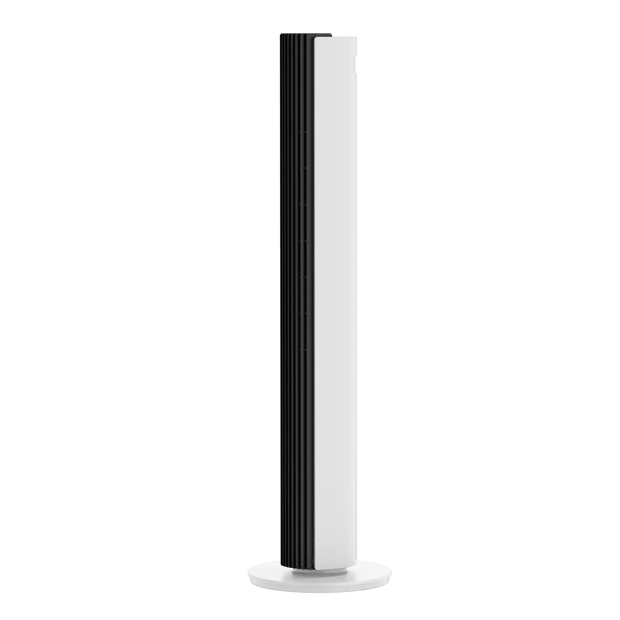 Un purificateur d'air grand, blanc et noir, sur une base blanche, sur fond blanc.