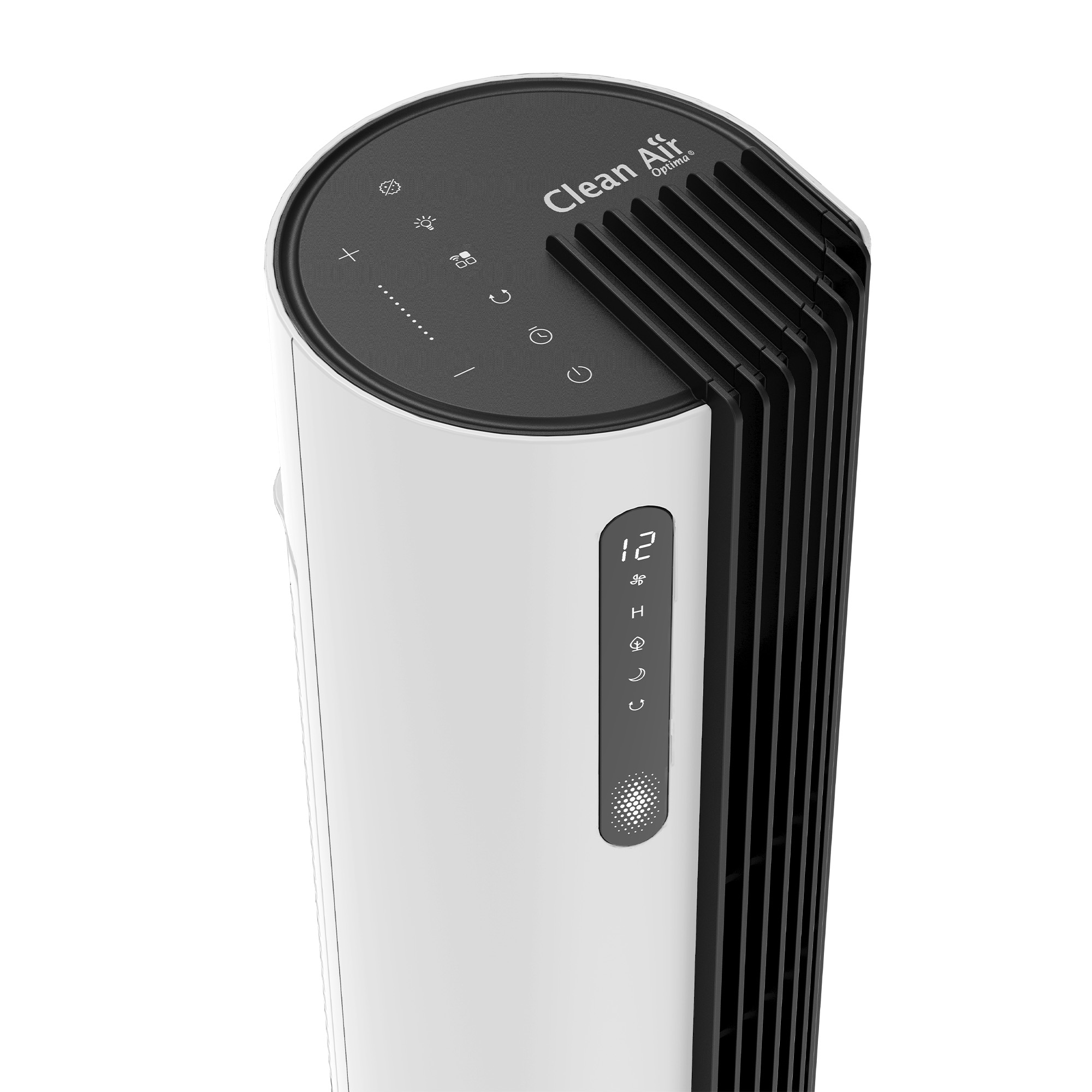 Purificateur d'air blanc et noir avec affichage numérique sur fond blanc.