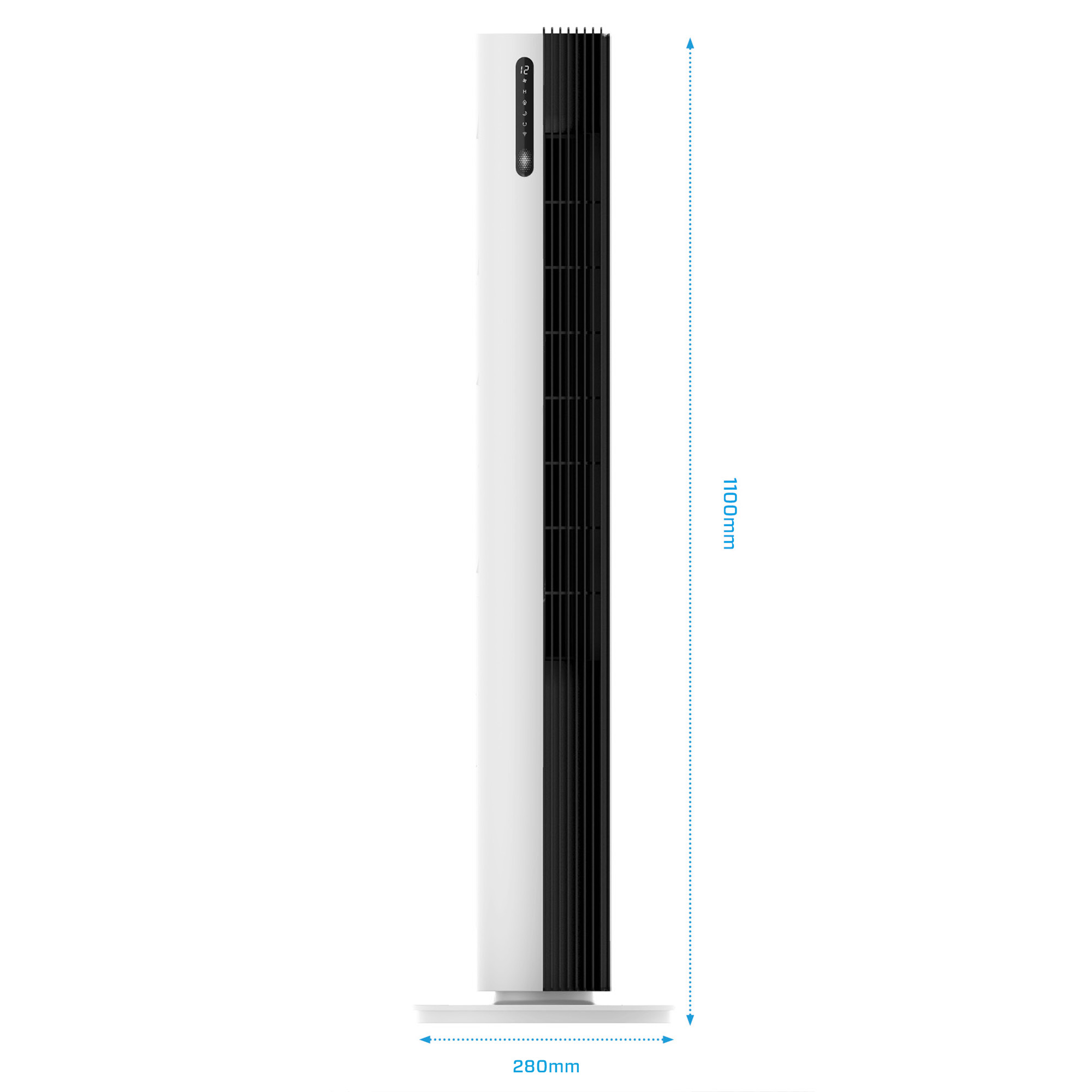 Ventilateur blanc et noir de grande taille avec dimensions, sur une base blanche.