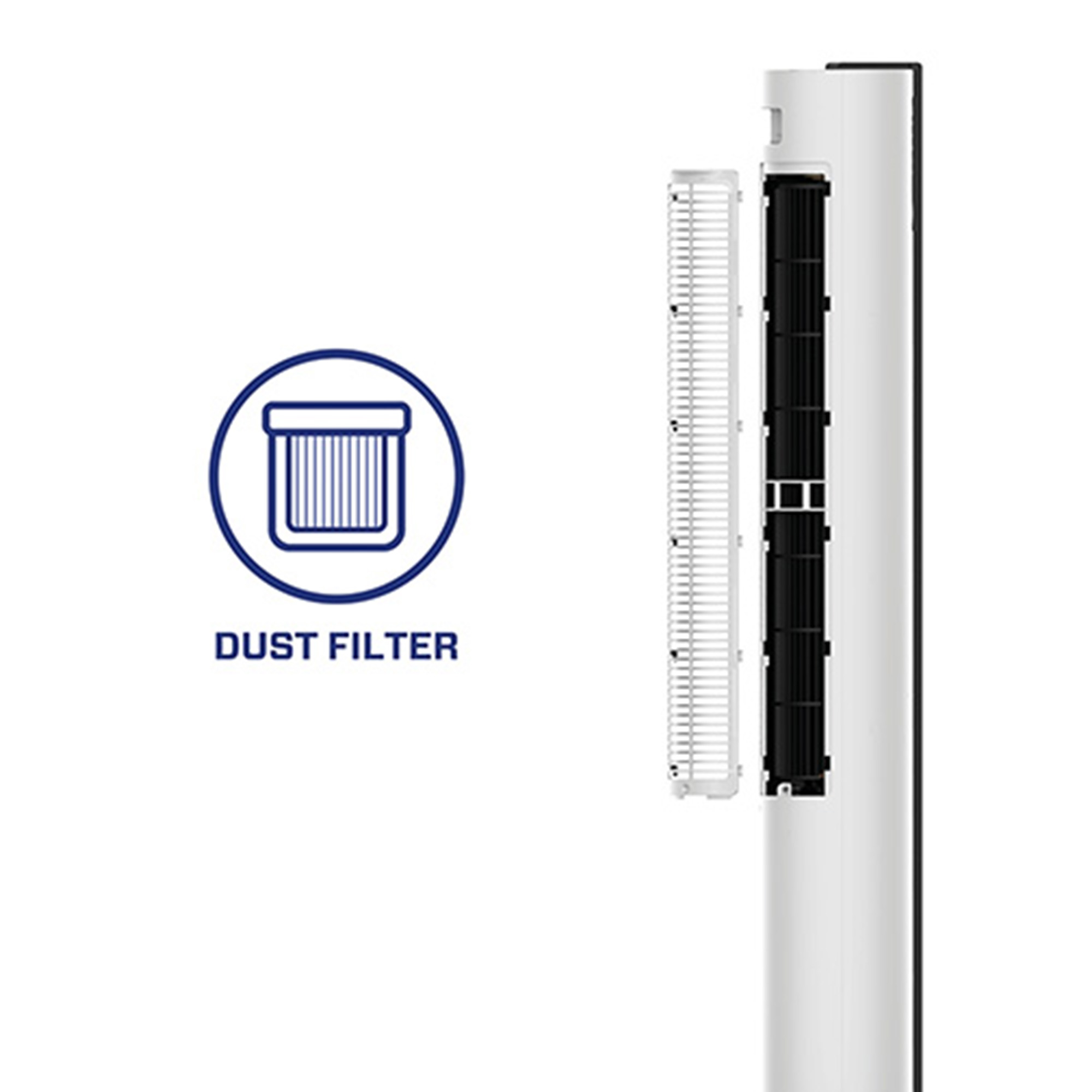 Un filtre à poussière et une partie d'un purificateur d'air blanc avec le filtre retiré pour montrer l'intérieur.