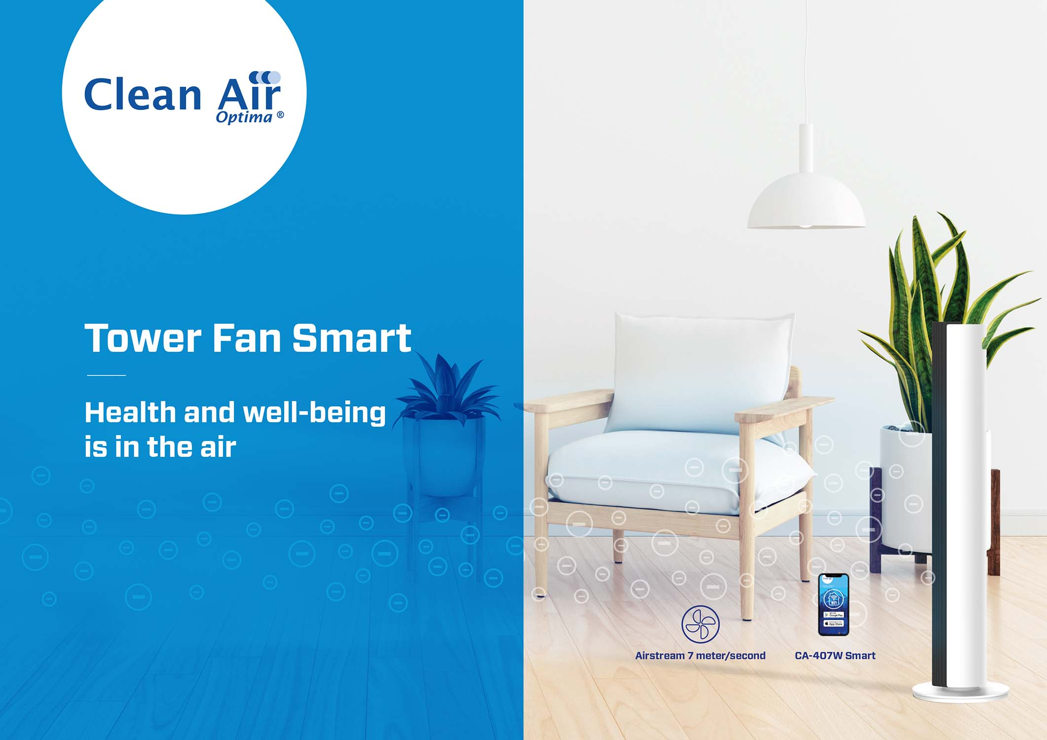 Un ventilateur tour avec du texte, une chaise et des plantes dans une pièce. Le ventilateur a un panneau de commande intelligent.