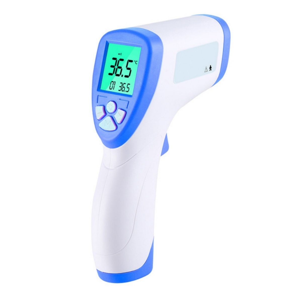 Weißes und blaues Digitalthermometer, das 36,5 Grad Celsius anzeigt. Es hat Knöpfe und befindet sich auf weißem Hintergrund.