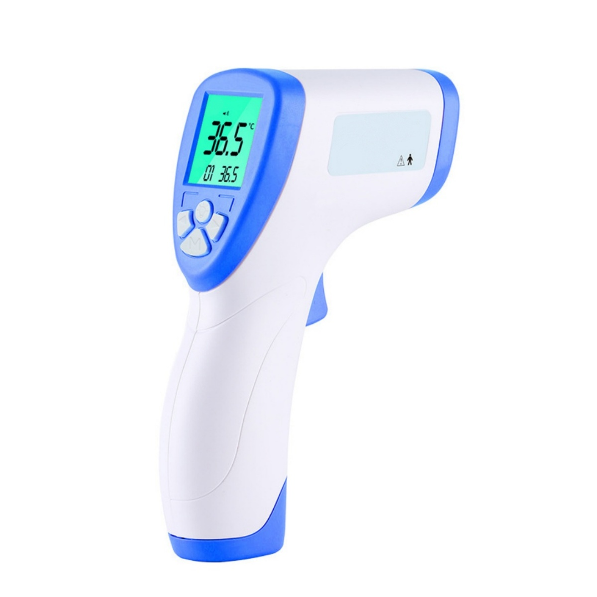 Digitales Thermometer. Blau und weiß, zeigt 36,5°C an. Isoliert auf weißem Hintergrund.