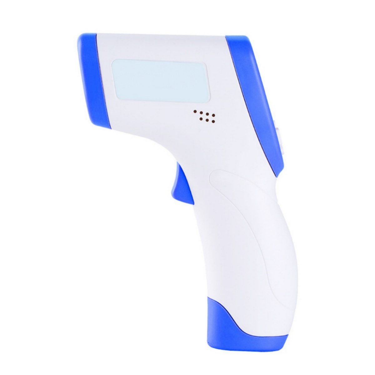 Ein weißes und blaues kontaktloses Thermometer mit digitaler Anzeige.