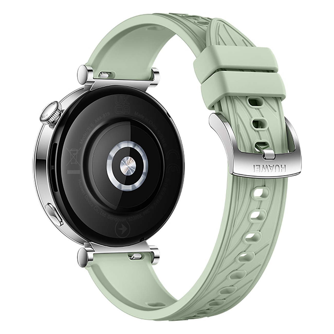 Smartwatch z zielonym paskiem. Zegarek jest srebrny z czarną tarczą. Pasek jest teksturowany.