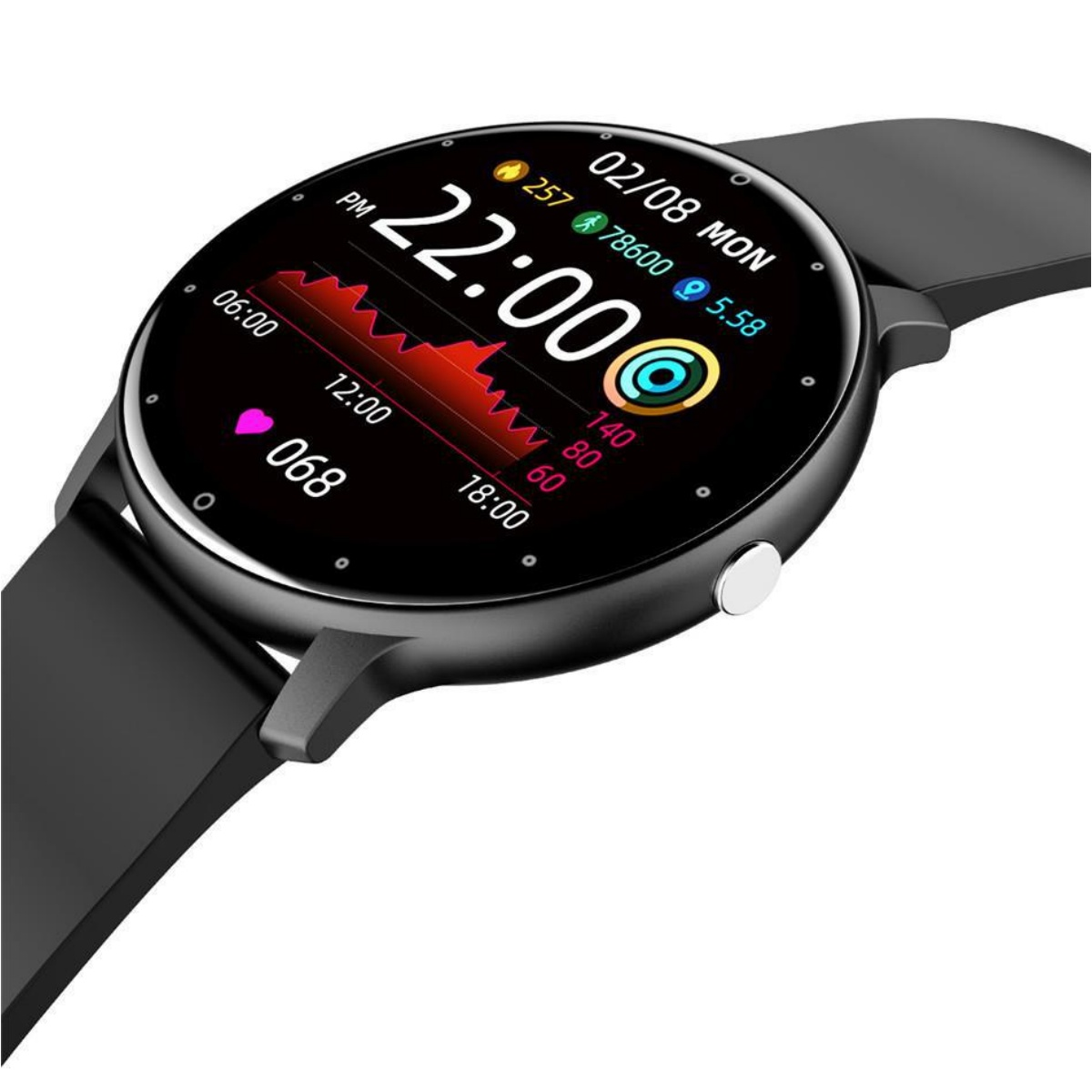 Schwarze Smartwatch zeigt Uhrzeit und Herzfrequenz. Es ist 22:00 Uhr, mit Herzfrequenzdiagramm.
