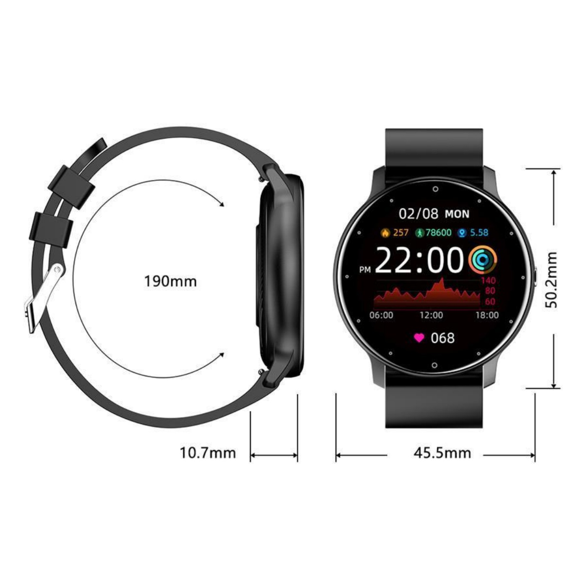 Schwarze Smartwatch mit Zeit, Schritten, Herzfrequenz und Datum. Abmessungen werden angezeigt.