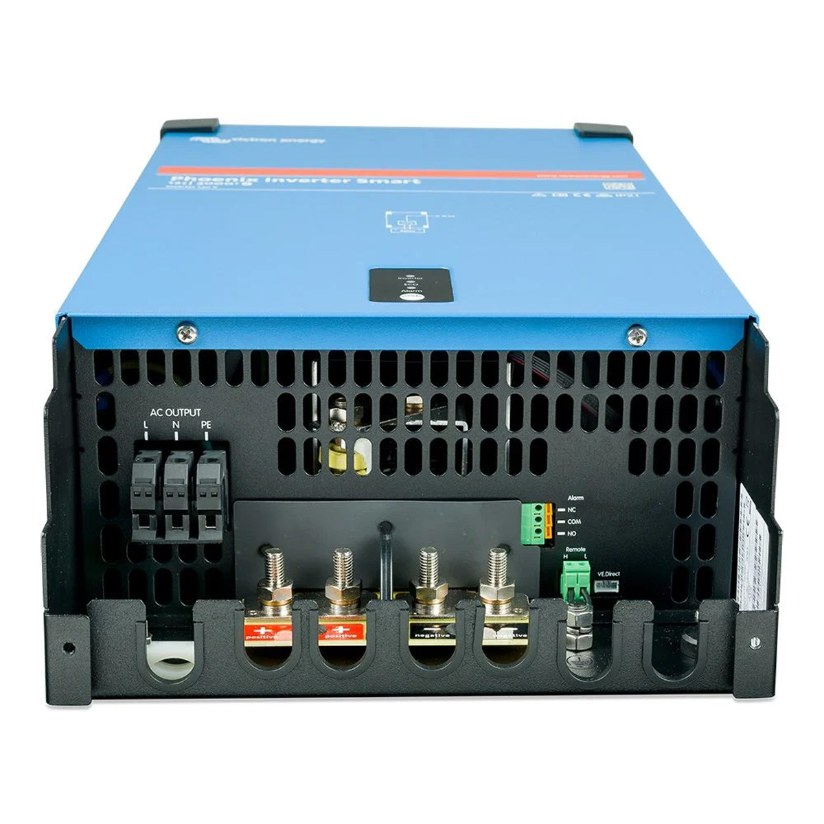 Blauer Victron Energy Wechselrichter mit Anschlüssen und gitterartiger Rückseite.