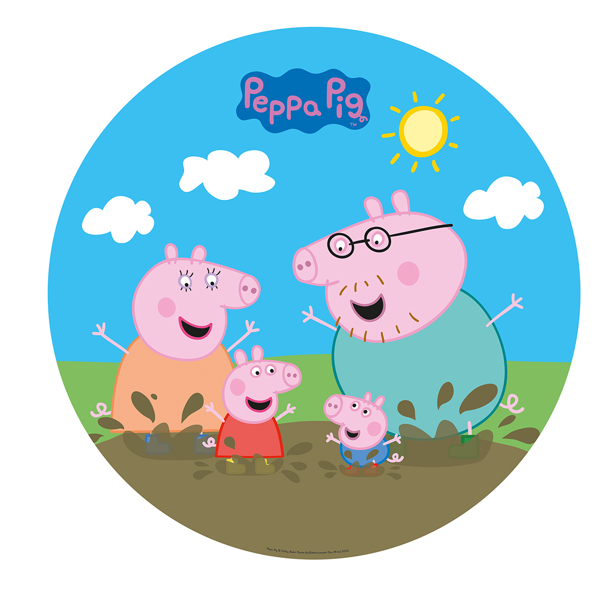 Peppa Pig-Familie in einer schlammigen Pfütze unter sonnigem Himmel. Die Charaktere sind rosa mit großen Lächeln.