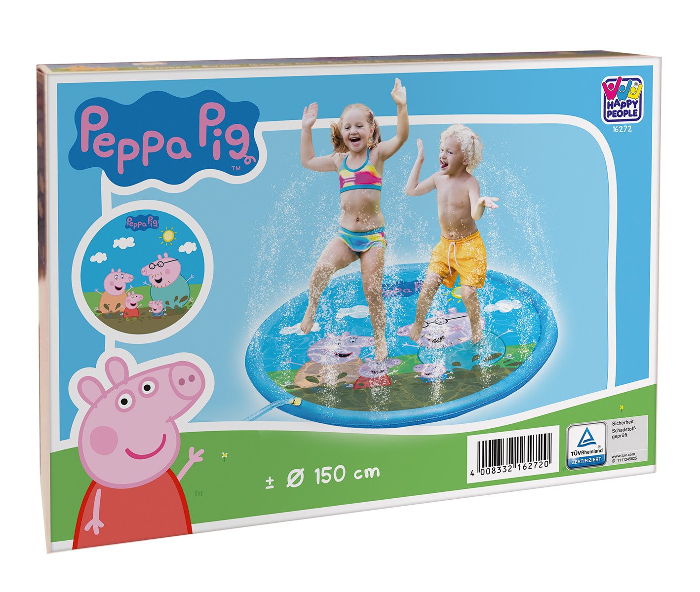Eine Peppa Wutz Planschmatte mit spielenden Kindern und spritzendem Wasser.