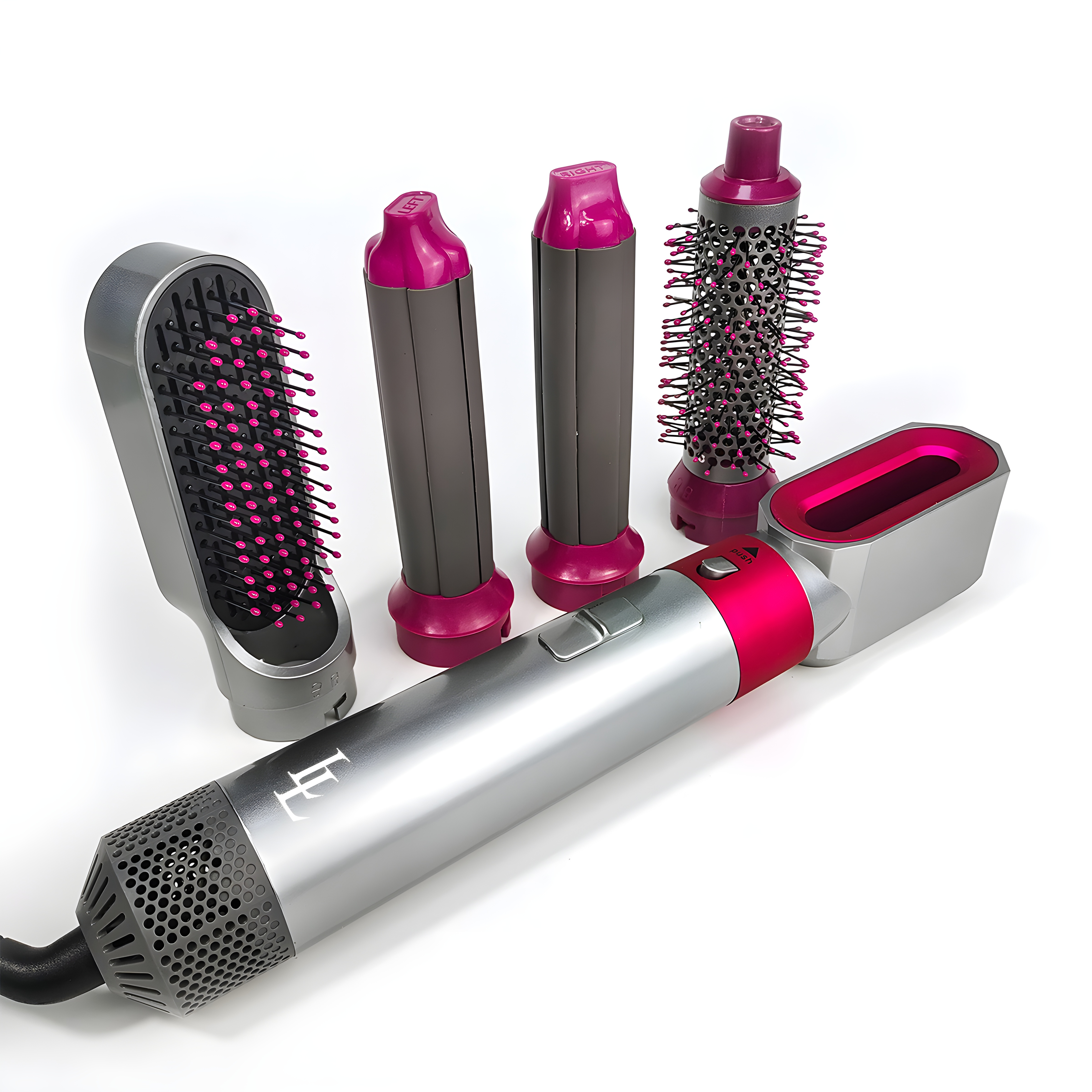 Ein silber-rosa Haarstyler mit mehreren Aufsätzen auf weißem Hintergrund.