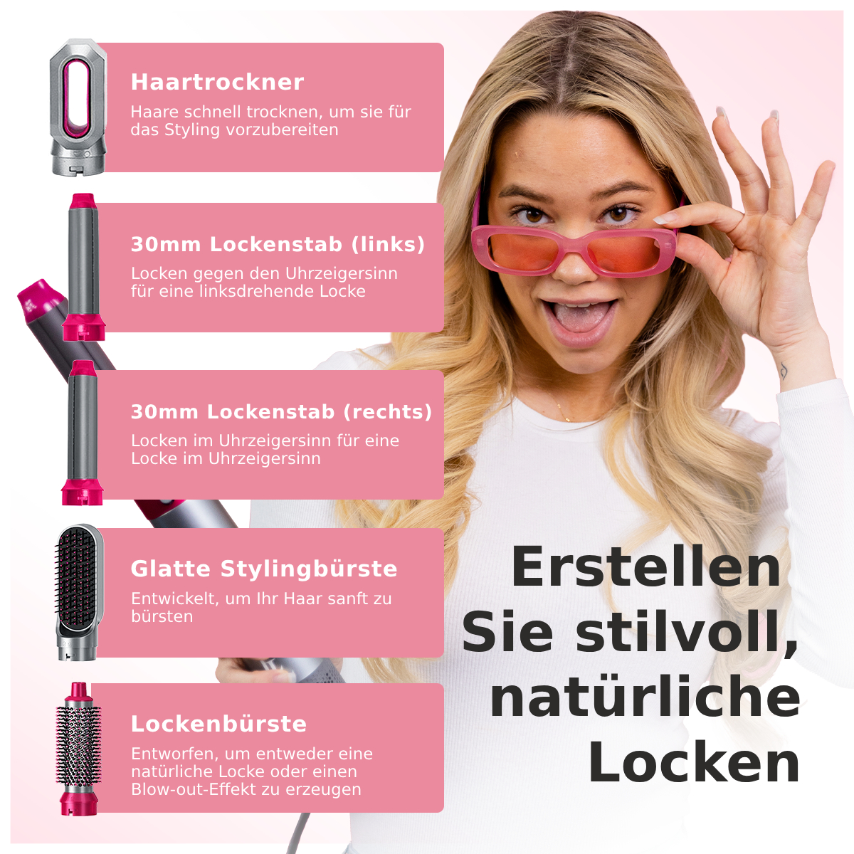 Frau mit rosa Brille lächelt, mit Haarstyling-Werkzeugen und Anweisungen.