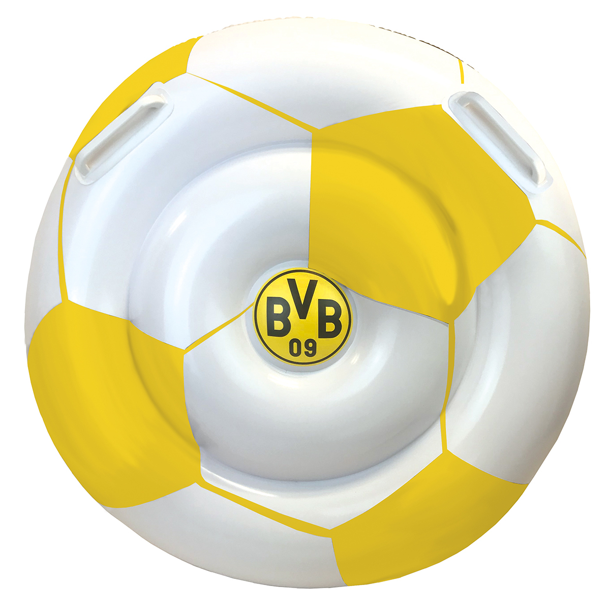 Ein aufblasbarer Ball in Form eines Fußballs. Das Logo ist für Borussia Dortmund.