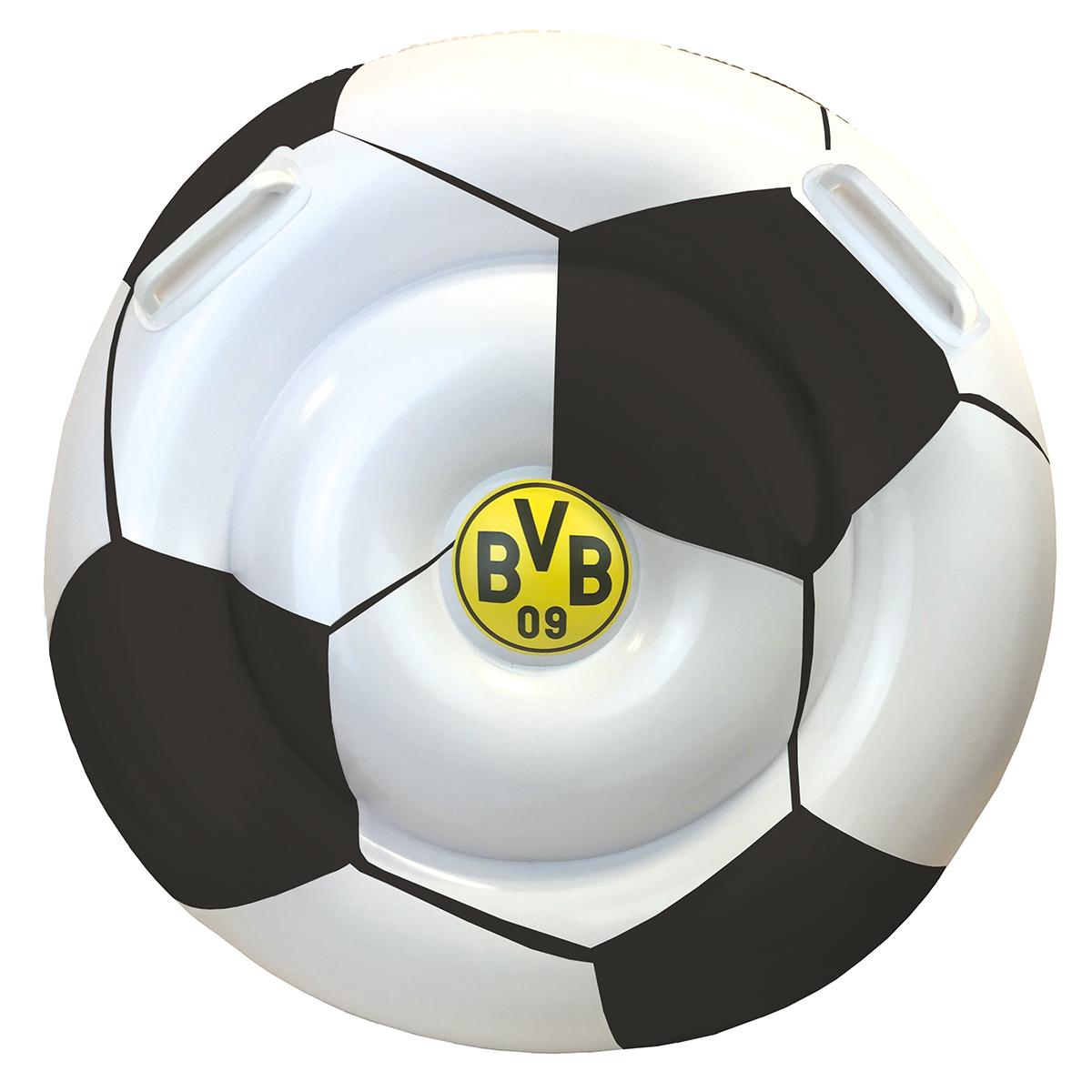Aufblasbarer Fußball mit schwarz-weißen Panels, Borussia Dortmund Logo.