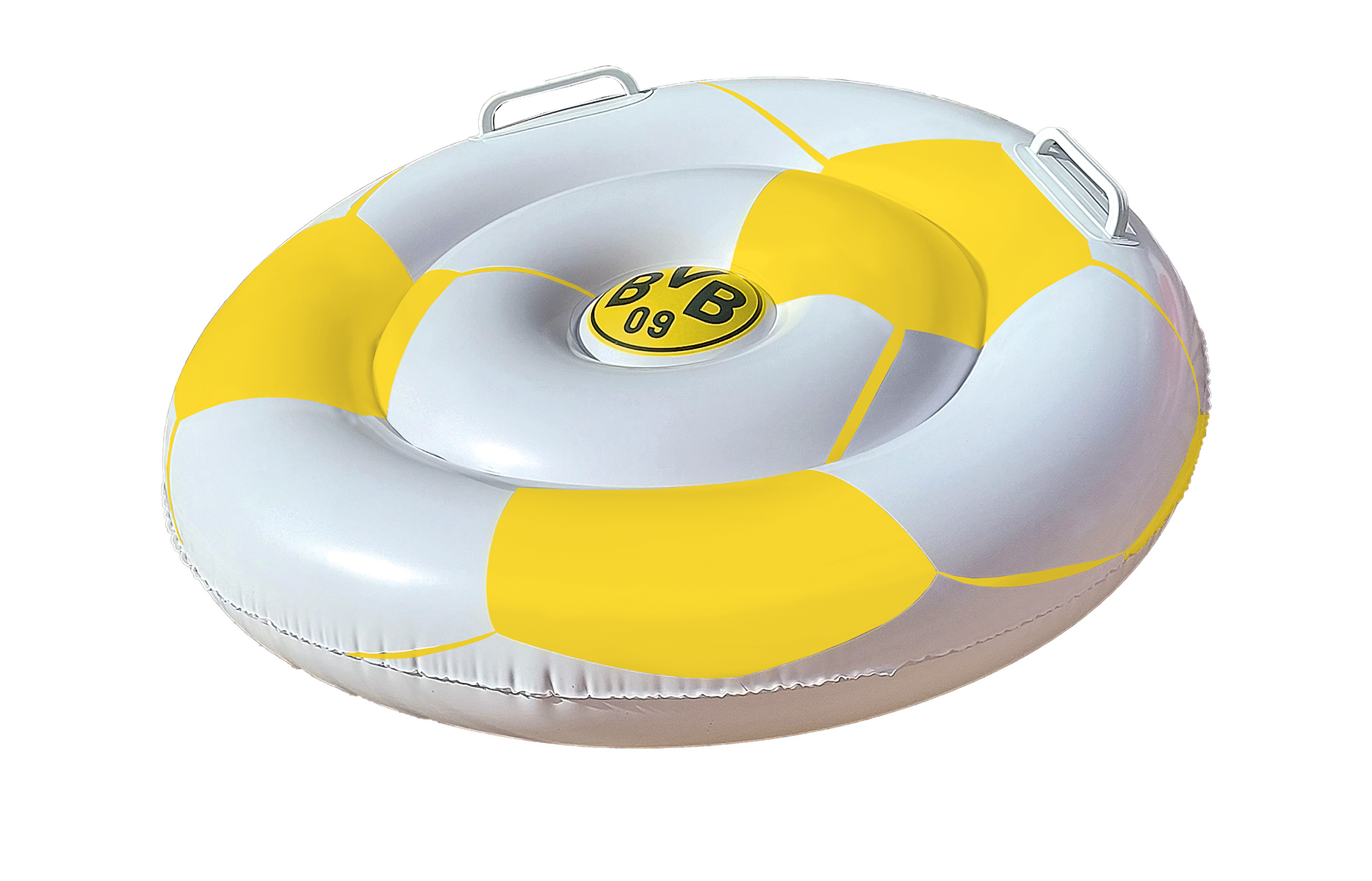 Ein aufblasbarer Ring mit gelben und weißen Segmenten, in der Mitte das BVB-Logo.