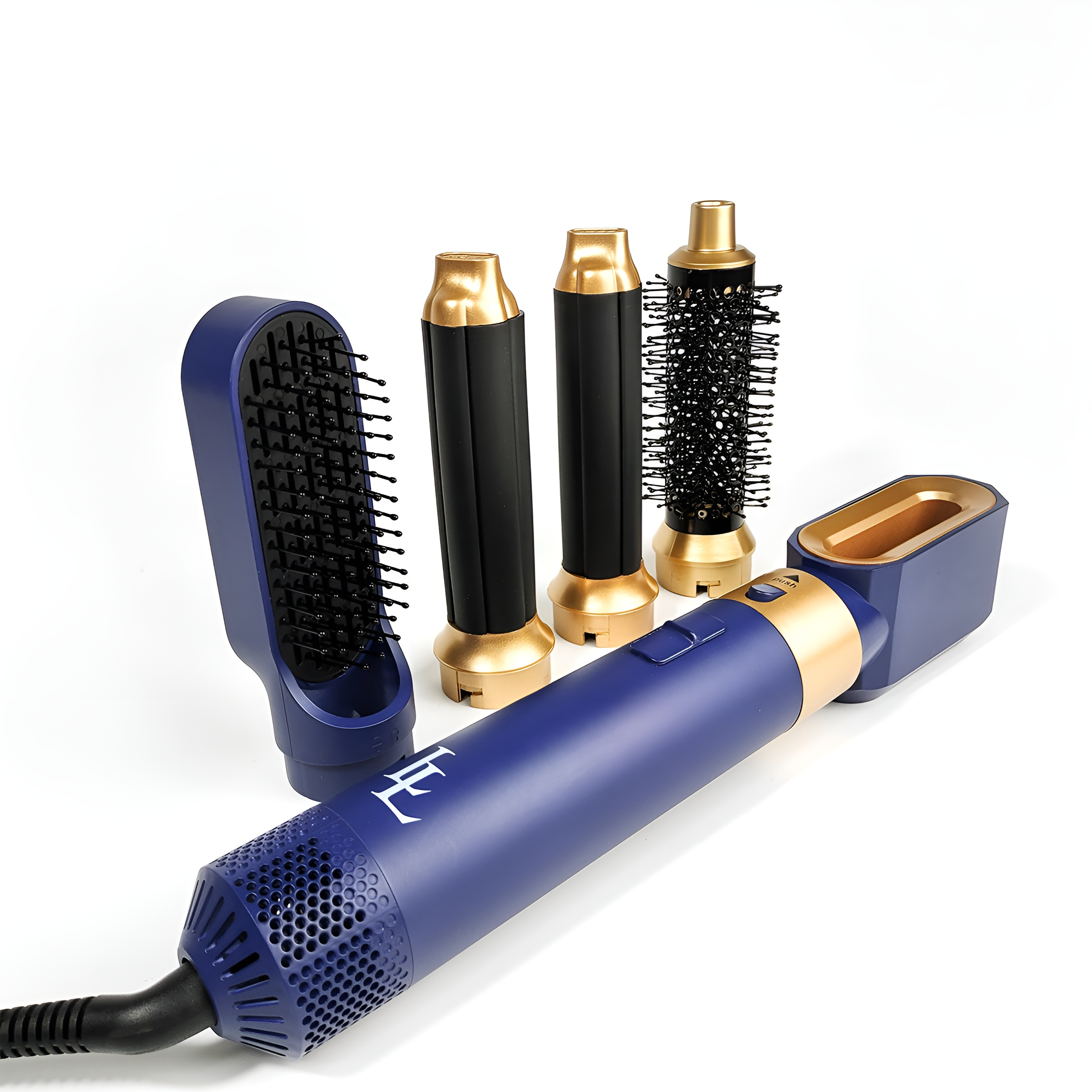 Haarstyling-Werkzeug-Set mit mehreren austauschbaren Bürstenköpfen.