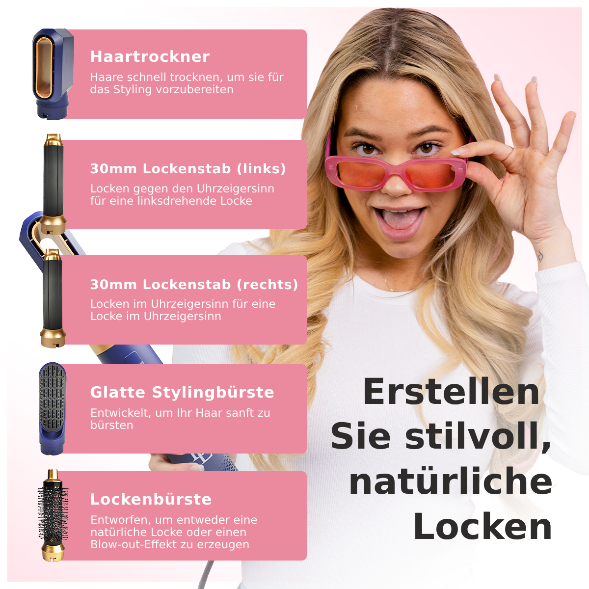 Frau mit rosa Brille zeigt Haarstyling-Werkzeuge und Text auf Deutsch.