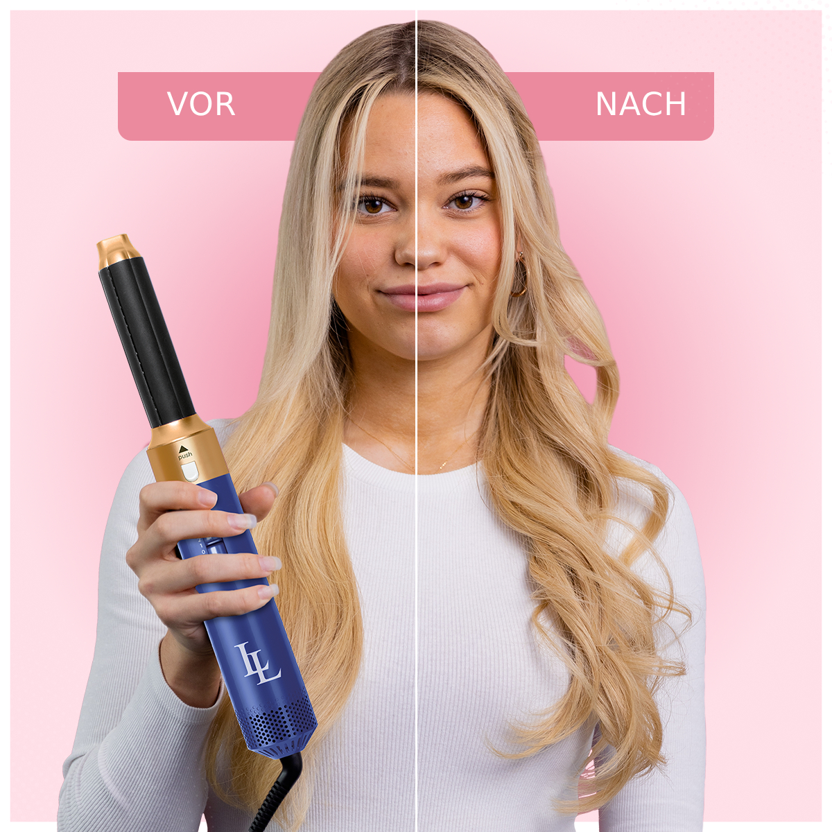 Frau mit glattem Haar vor und gewelltem Haar nach der Verwendung eines Lockenstabs. Text 'VOR' und 'NACH'.