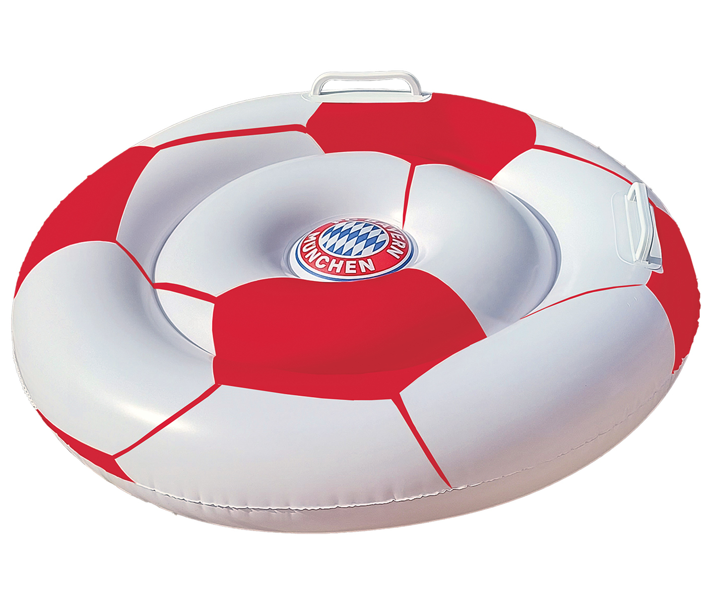Ein aufblasbarer Fußball-förmiger Reifen mit dem Bayern München Logo.